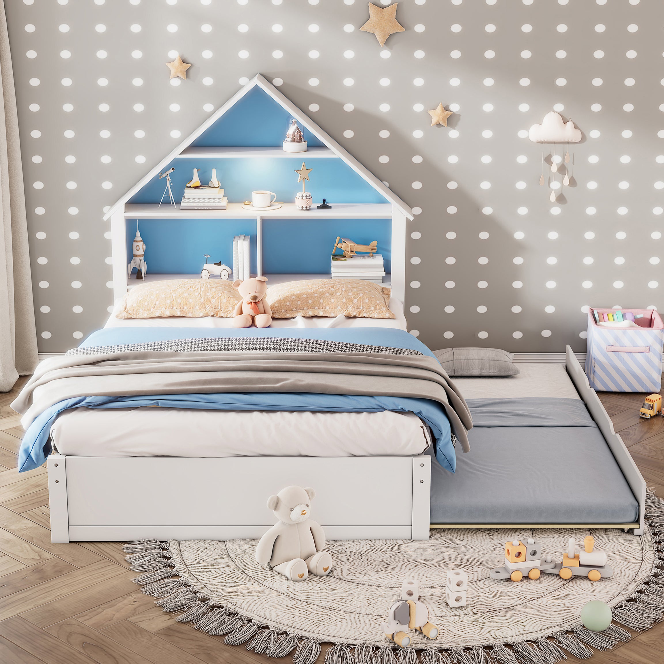 Full Size House-Shaped Bed with Bookcase Headboard and Led Light and Twin Size Trundle for Kids Boys Girls, Blue+ White--1