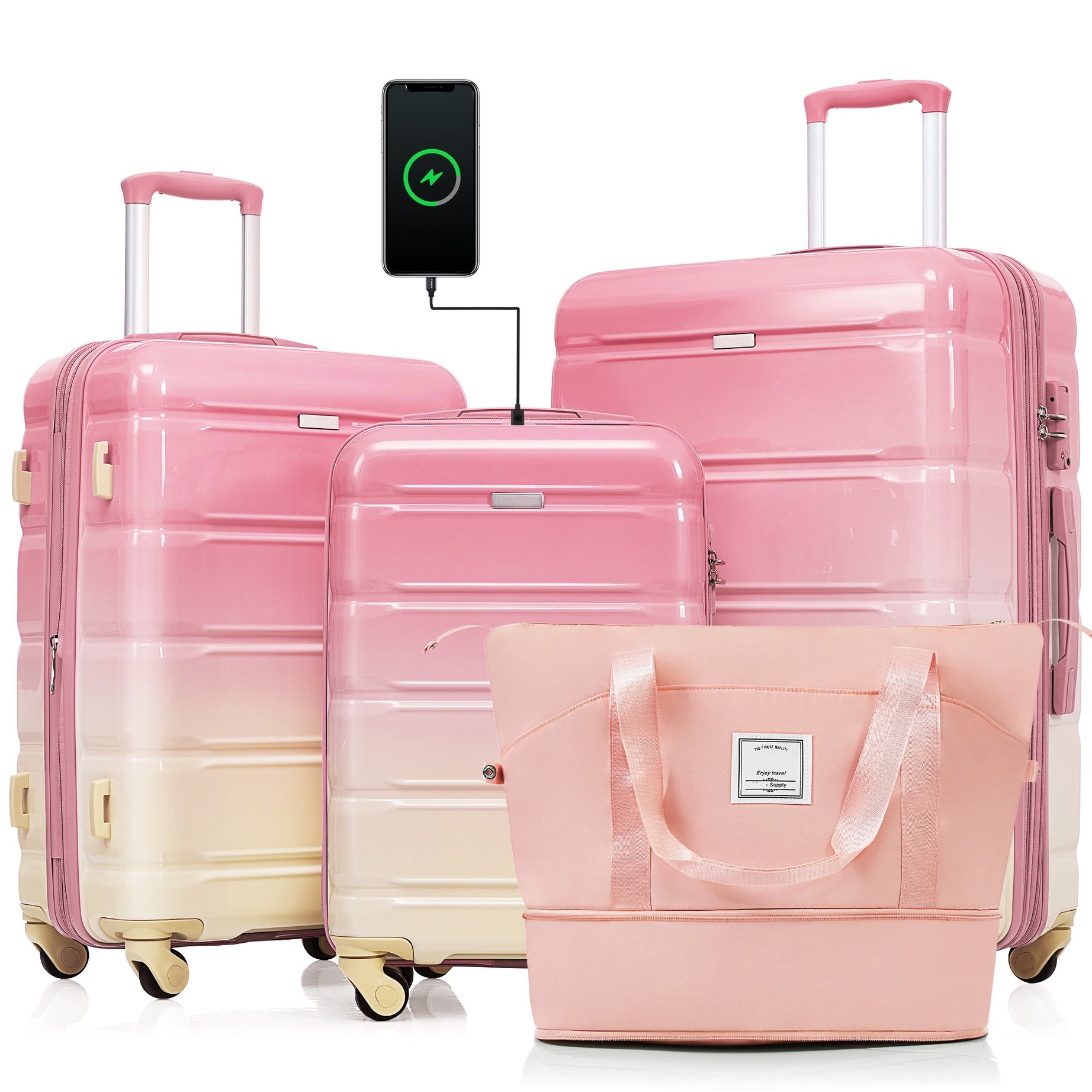 Luggage Sets 4 Piece, 20-inch with USB Port, Expandable ABS Durable Suitcase with Travel Bag,  Cup Holder, ABS+PC Hard Shell Luggage with Spinner Wheels, Gradient Pink--1