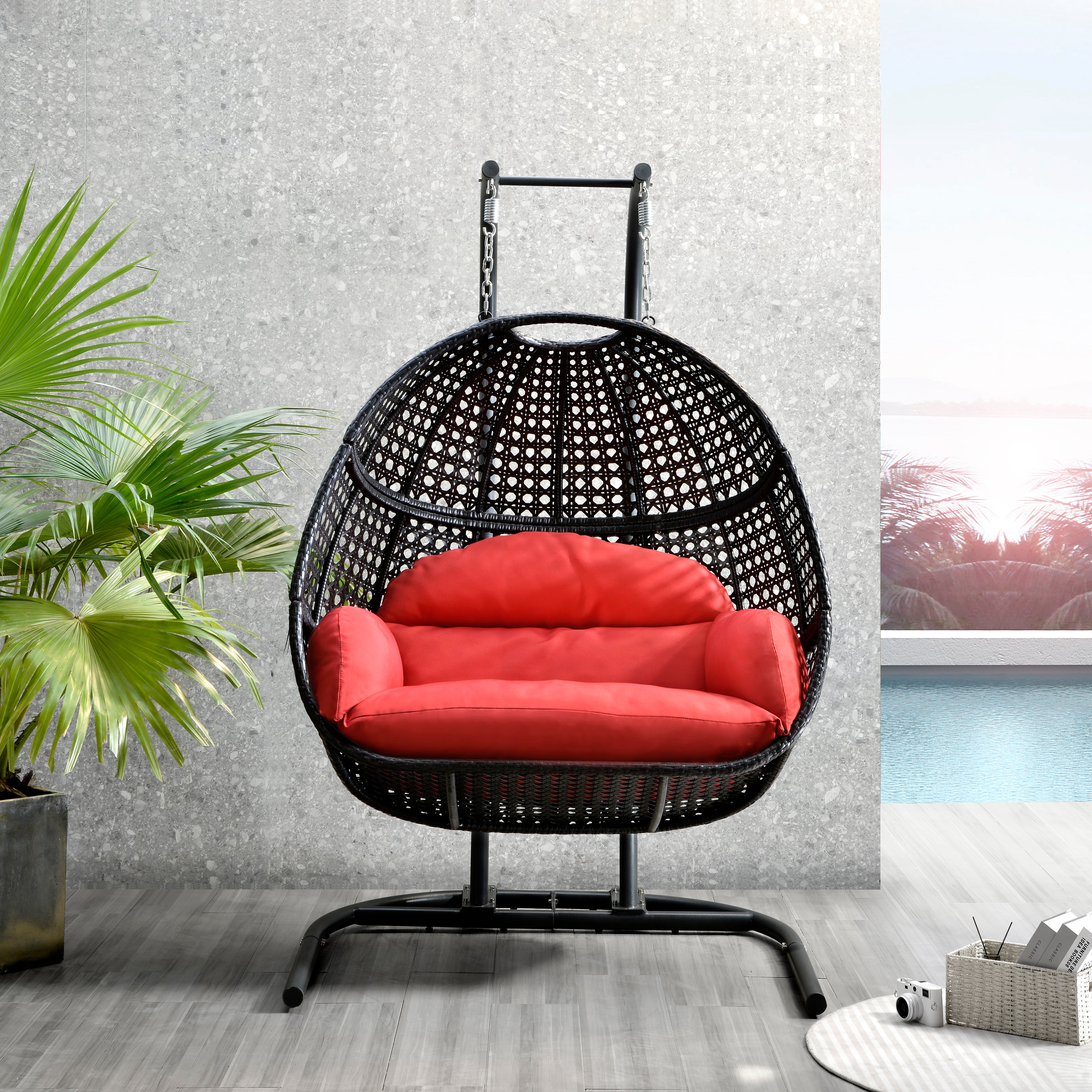 Patio PE Rattan Double Swing Chair With Stand, Two Person Hanging Chair for Balcony, Courtyard--1