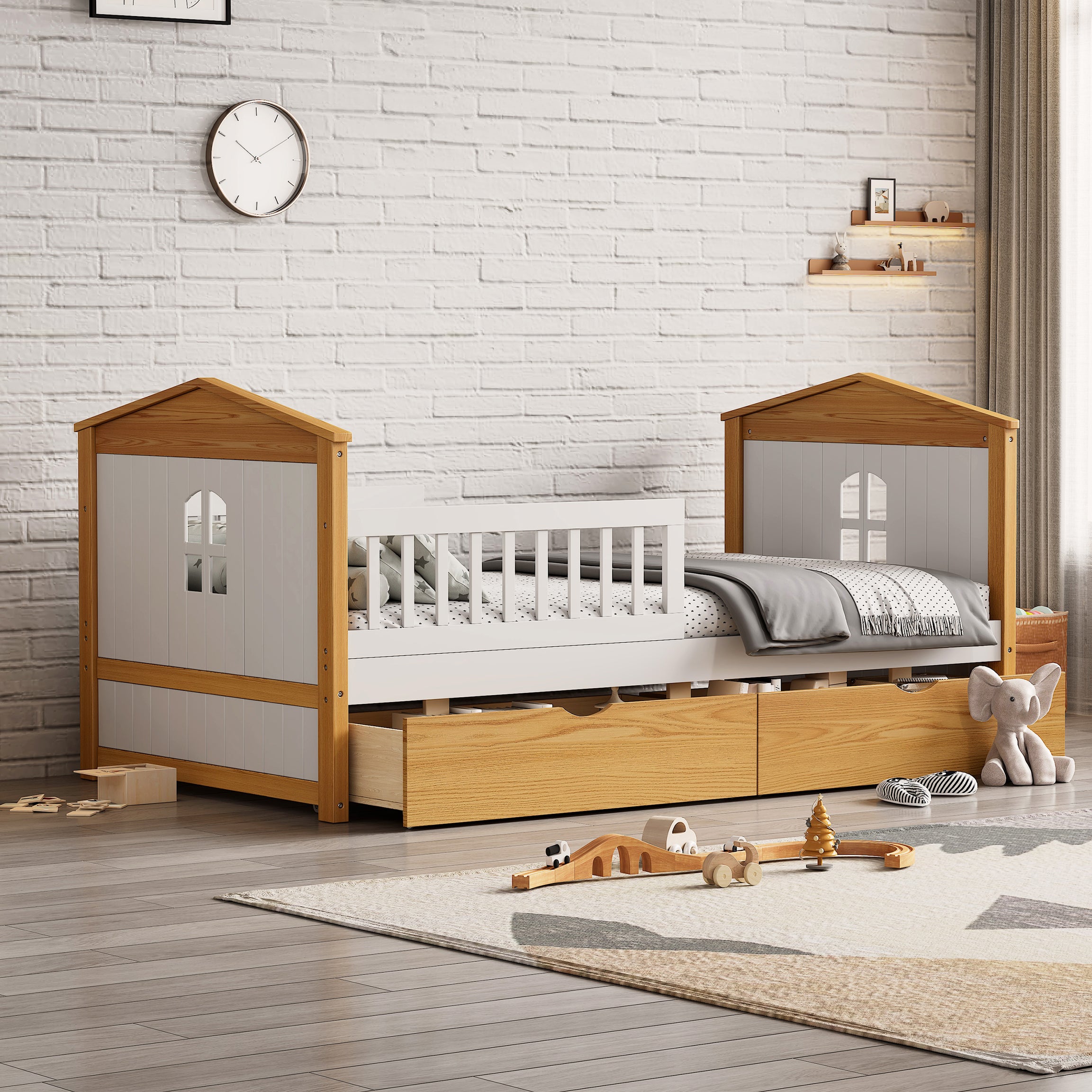 Twin Size House Shape Bed with  Two Drawers Wooden Bed for Girls Boys Teens, No Box Spring Needed, Walnut and White--1