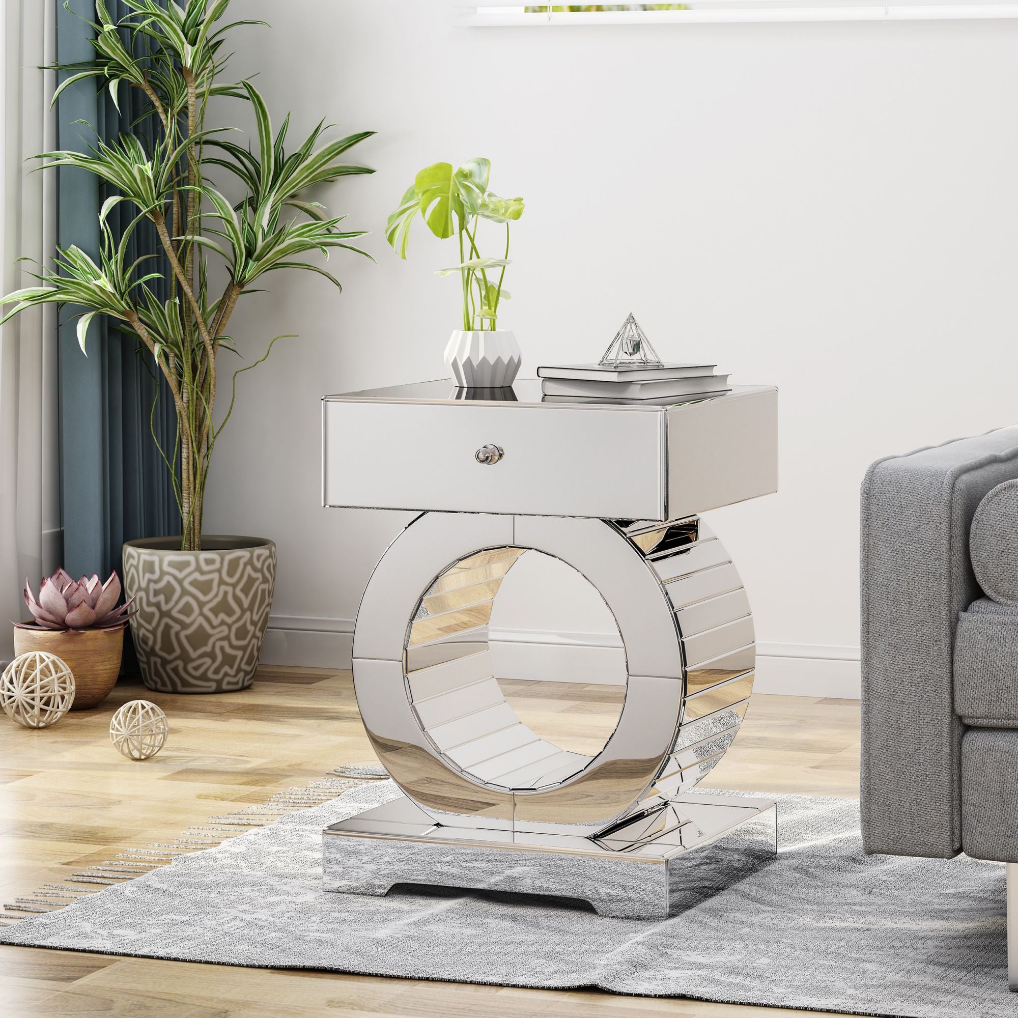 17.75'' Chic Mirrored Accent End Table with Beveled Glass Silver Mirror Edge, Mirrored, Circular Center with Rectangular Top, One Drawer, Perfect for Small Spaces, Living Room, Bedroom, Office--1