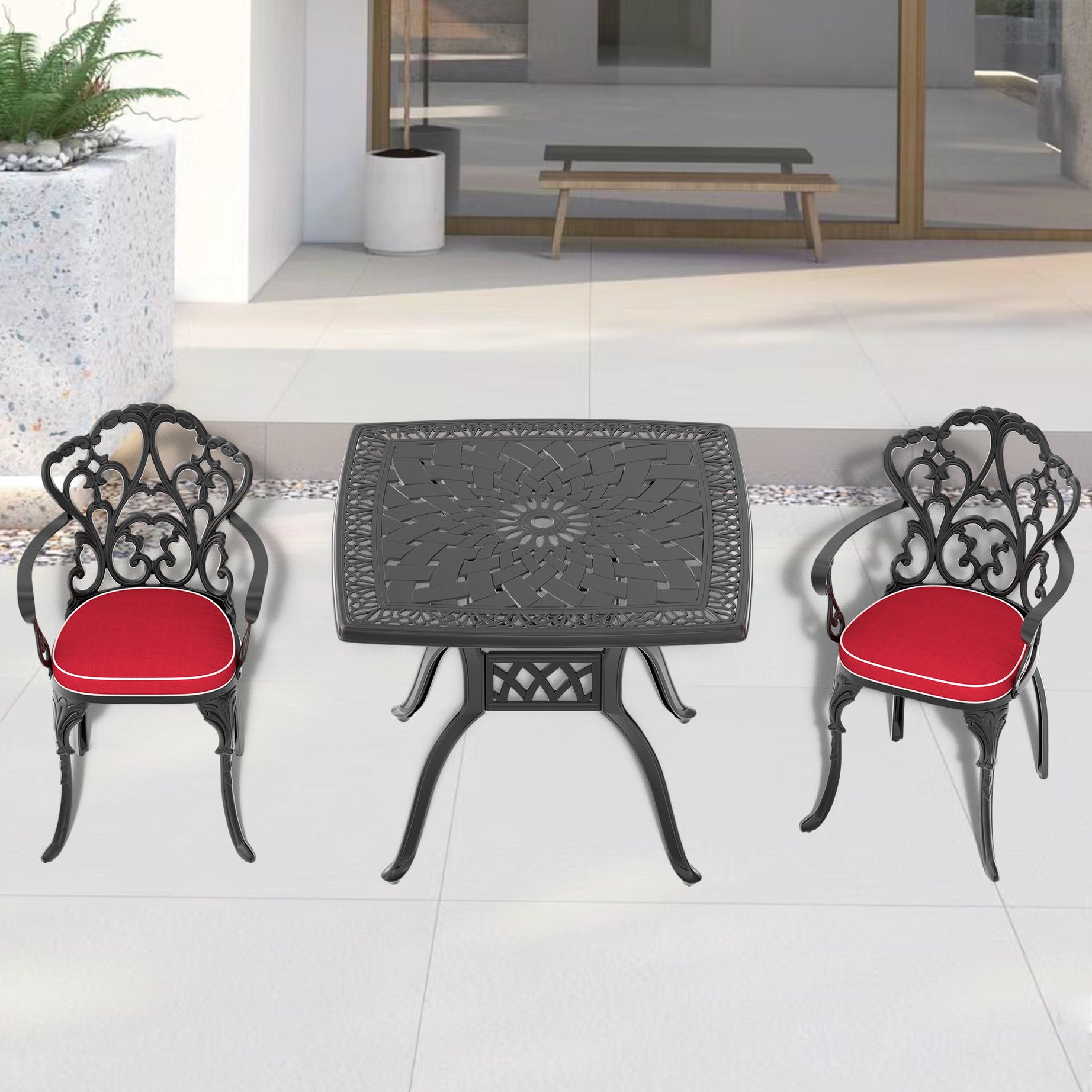 3-Piece Set Of Cast Aluminum Patio Furniture With Black Frame and Seat Cushions In Random Colors--1