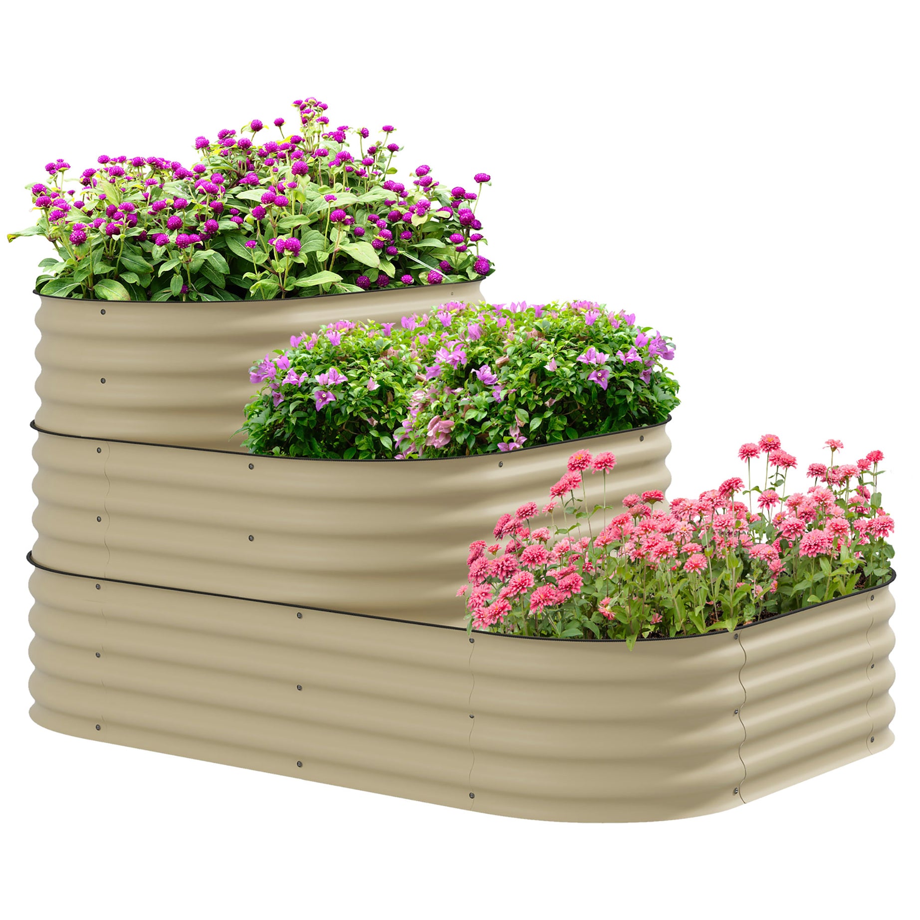 Outsunny 3-Tier Galvanized Steel Raised Garden Bed Kit, 62.25" x 43" x 32.25", 3 Combining Planter Boxes with Rubber Strip Edging, Open Bottom for Backyard, Garden, Patio, Cream White--1