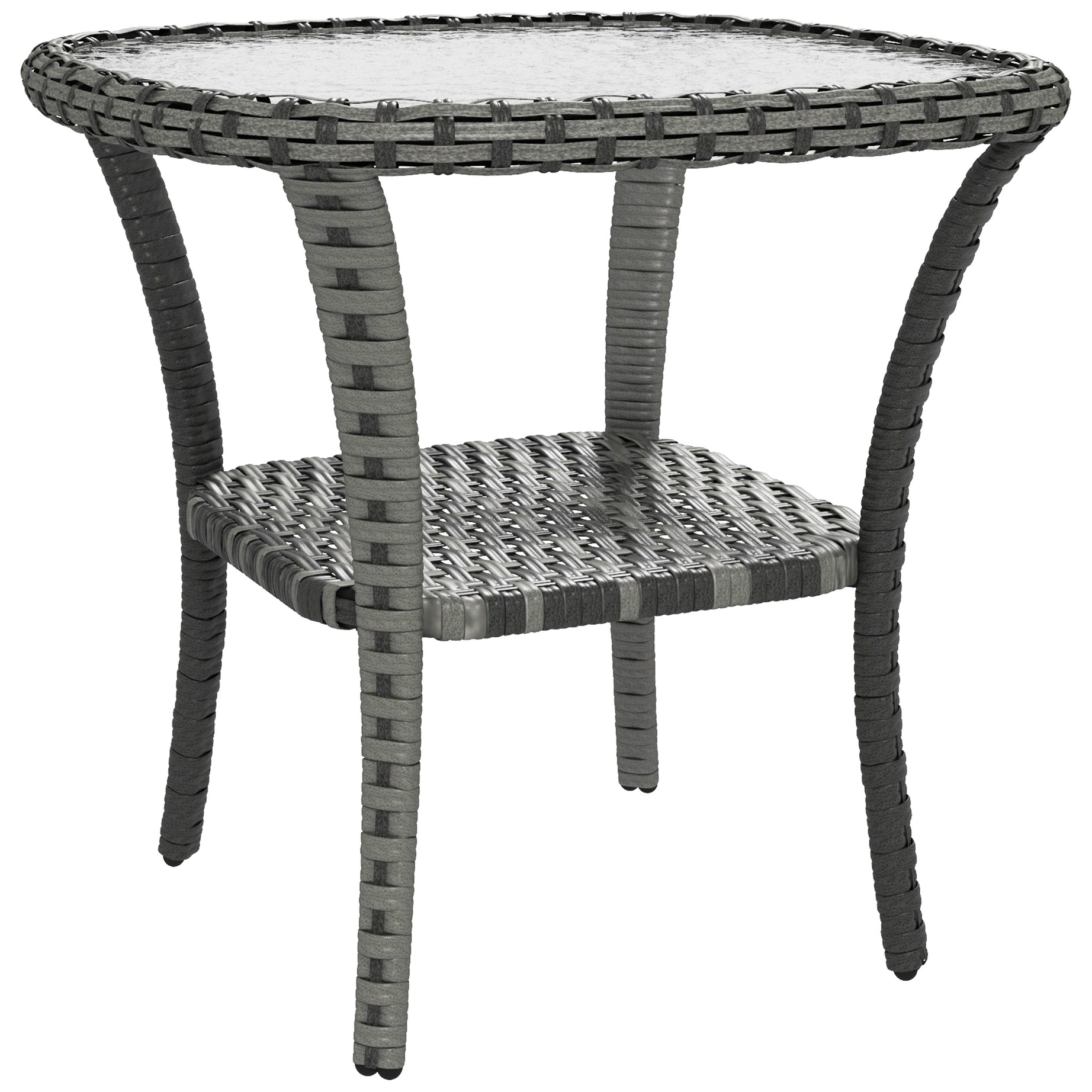 Outsunny Rattan Coffee Table with Storage Shelf, Wicker Side Table with Glass Top, Outdoor End Table for Garden, Porch, Backyard, Mix Gray--1