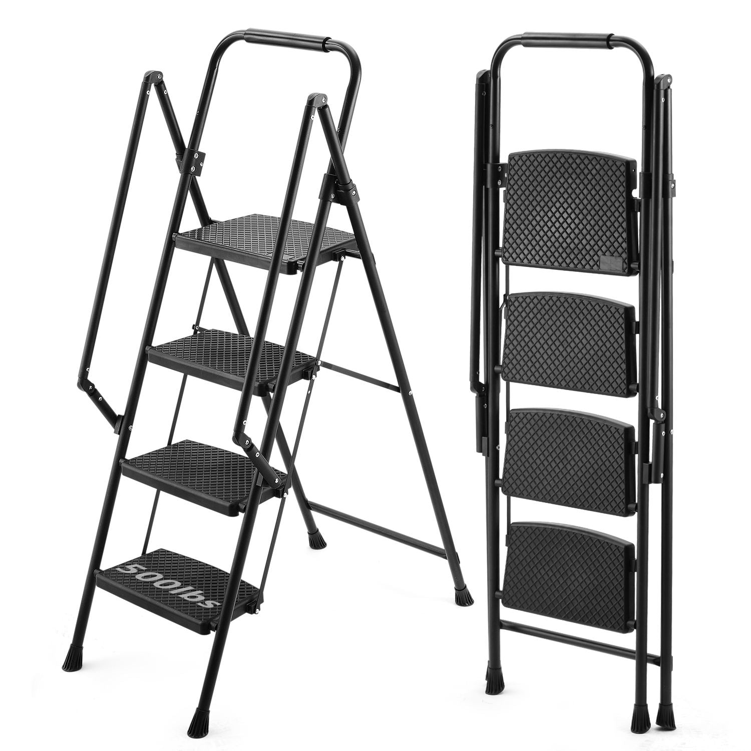 Four step ladder, lightweight folding four step stool, wide anti slip pedal and safety handle, sturdy steel ladder, multi-purpose step ladder, suitable for home, kitchen, and office elevators--1