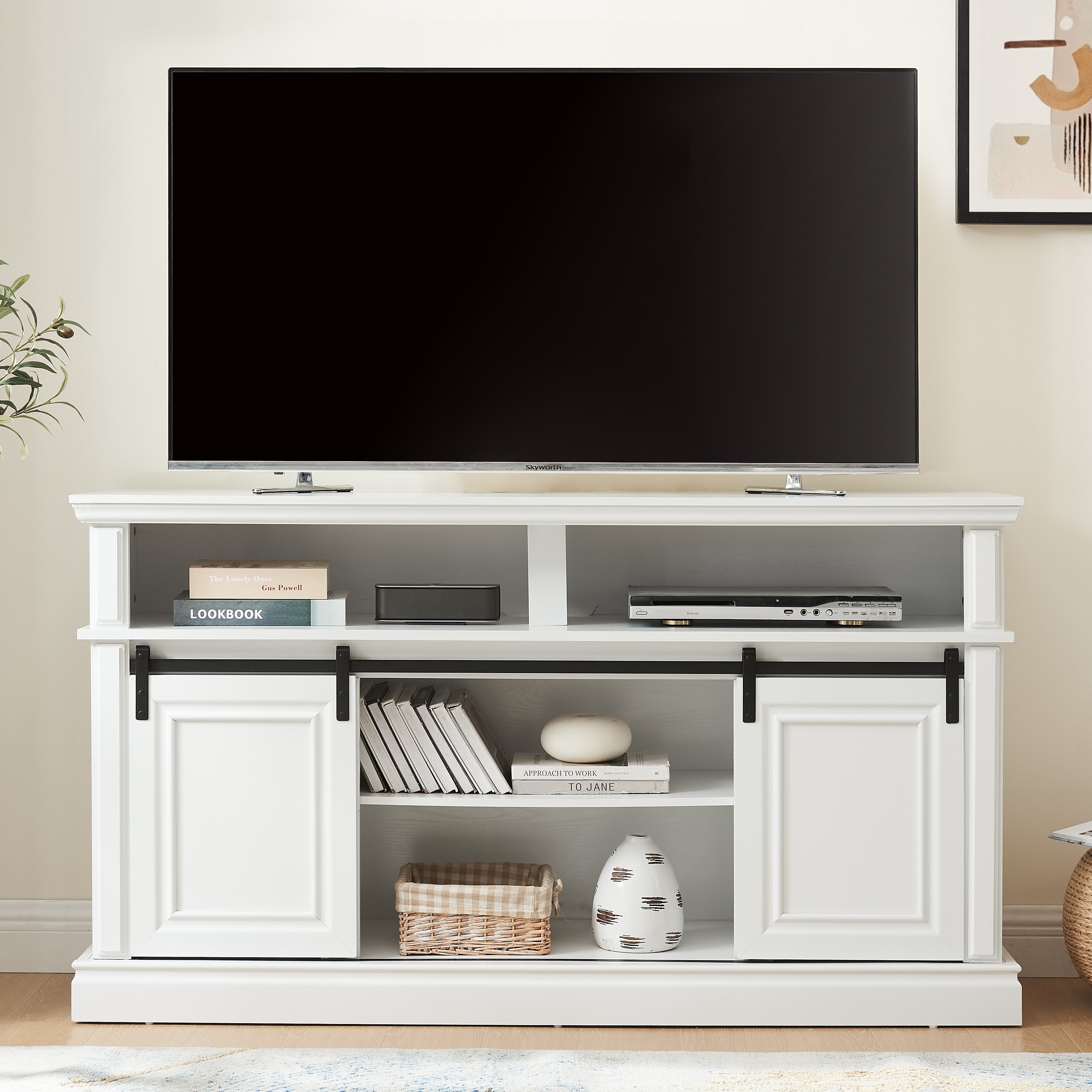 Media Console Table with Storage Cabinet, Mid Century style Entertainment TV Table, Multipurpose Sliding Door TV Cabinet  Large Storage Space, 58.11"W*15.79"D*32.36"H Antique White--1