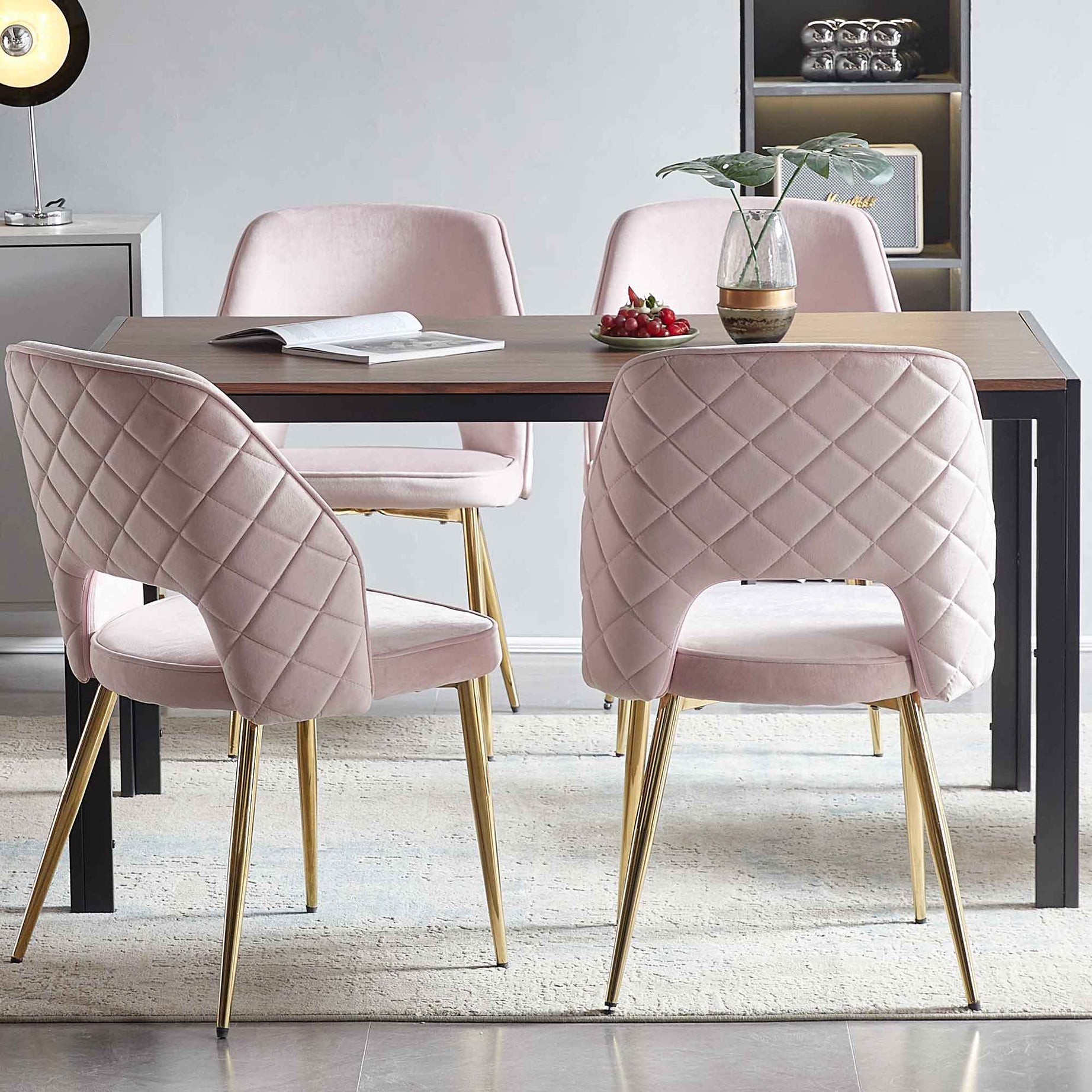 Pink Velvet Dining Chairs with Metal Legs and Hollow Back Upholstered Dining Chairs Set of 4--1