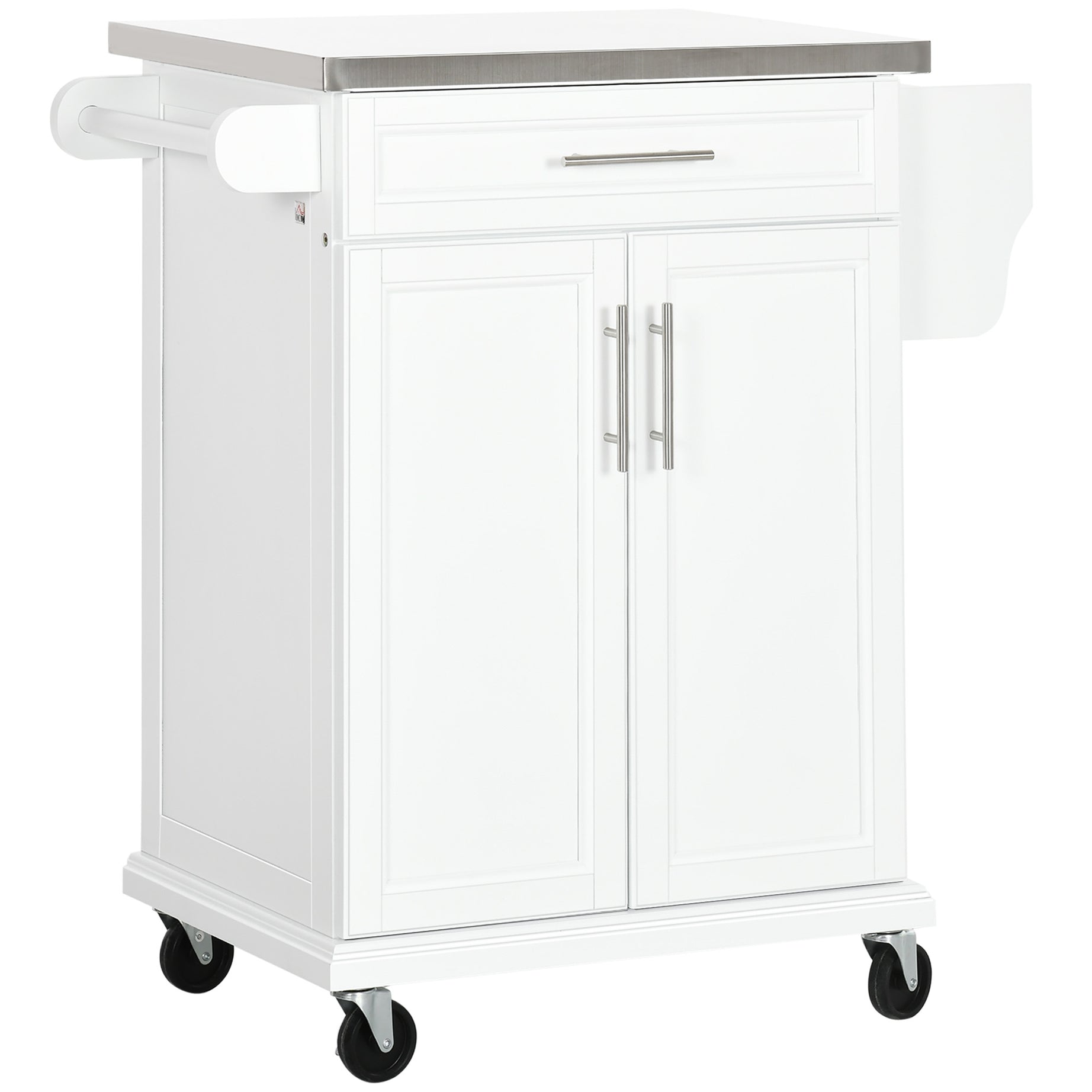 HOMCOM Kitchen Island on Wheels, Rolling Kitchen Cart with Stainless Steel Countertop, Drawer, Towel Rack and Spice Rack, Utility Storage Trolley, White--1