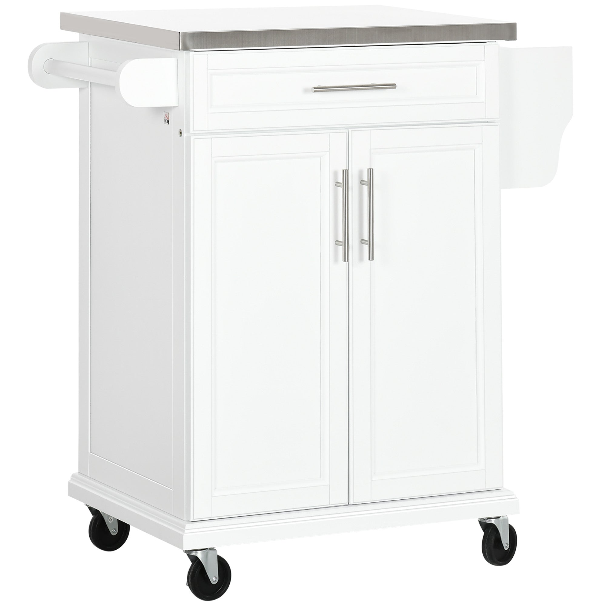 HOMCOM Kitchen Island on Wheels, Rolling Kitchen Cart with Stainless Steel Countertop, Drawer, Towel Rack and Spice Rack, Utility Storage Trolley, White--1