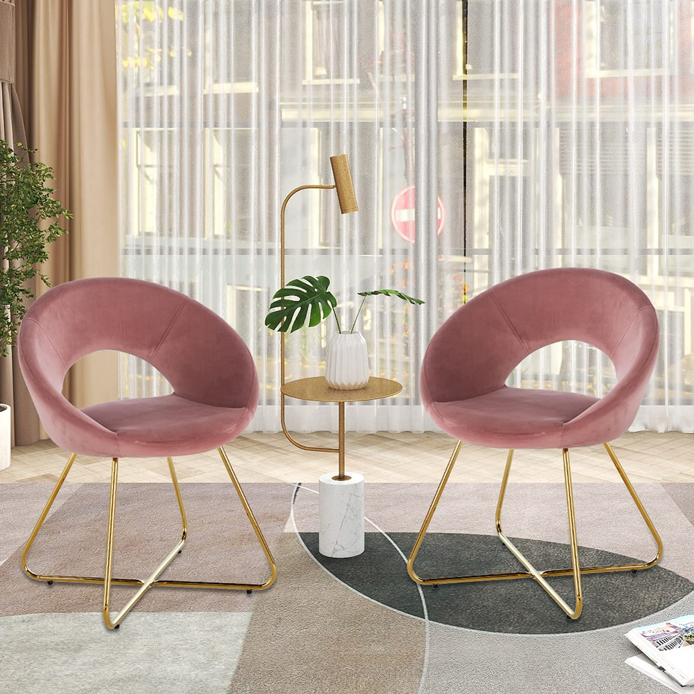 Modern Accent Velvet Chairs Set of 2 Dining Chairs Single Sofa Comfy Upholstered Arm Chair Living Room Furniture Mid-Century Leisure Lounge Chairs with Golden Metal Frame Legs--1