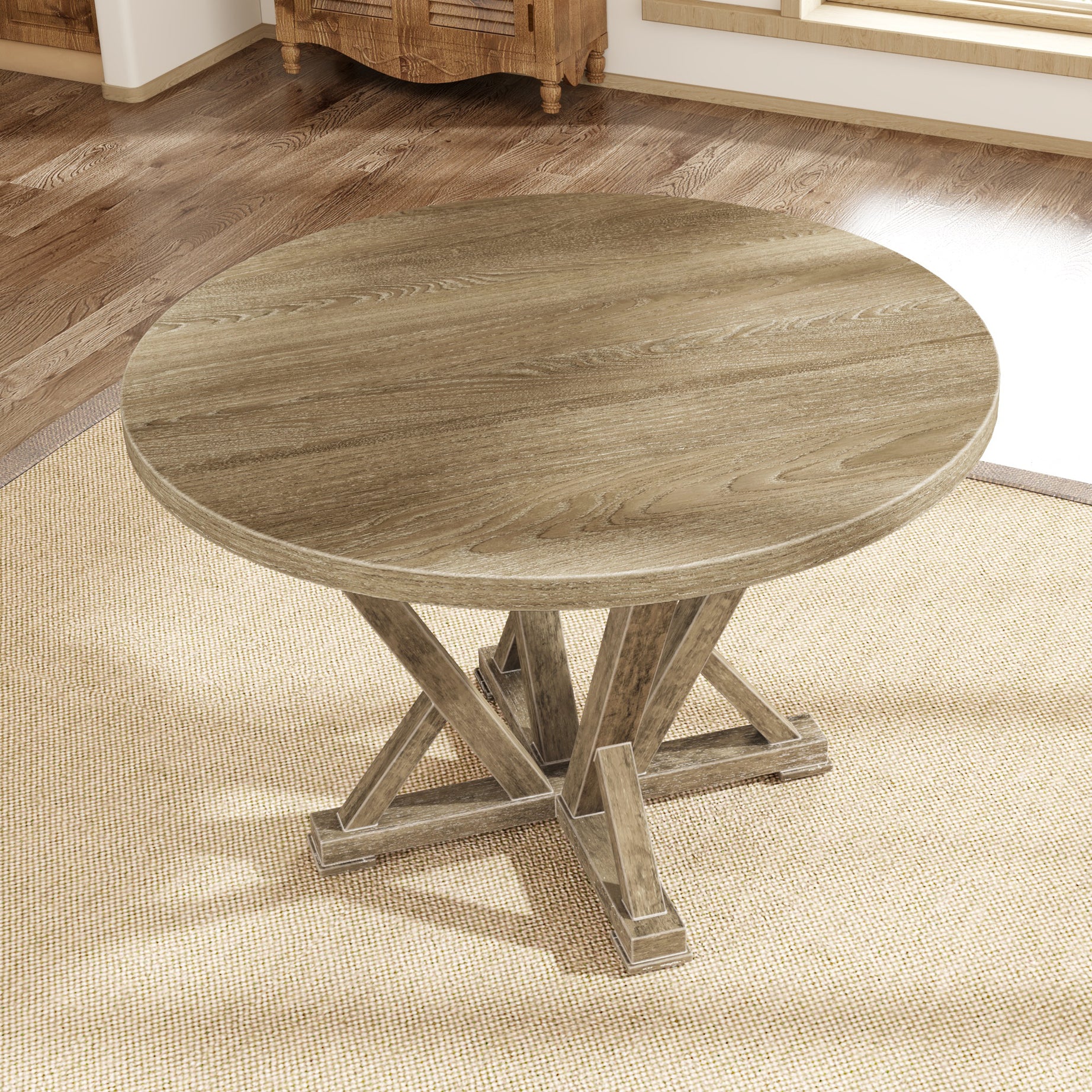 Modern Farmhouse Round Dining Table 45.7inch Solid Wood Rubberwood Antique Finishing Rustic Look Distressed Look Wire Brushed for 4 seaters--1