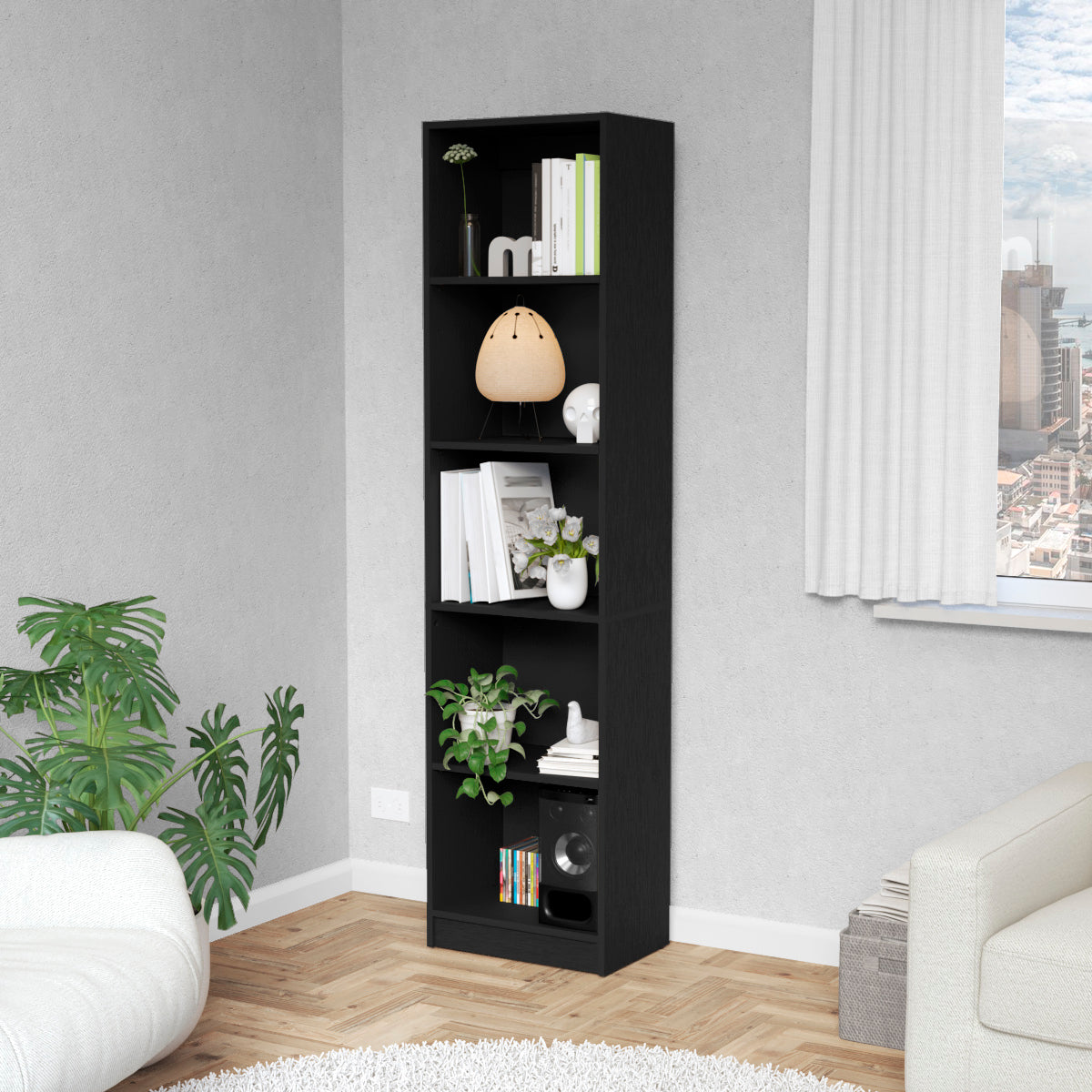 Sutton Slim Bookcase with Modern 5-Shelf Design--1