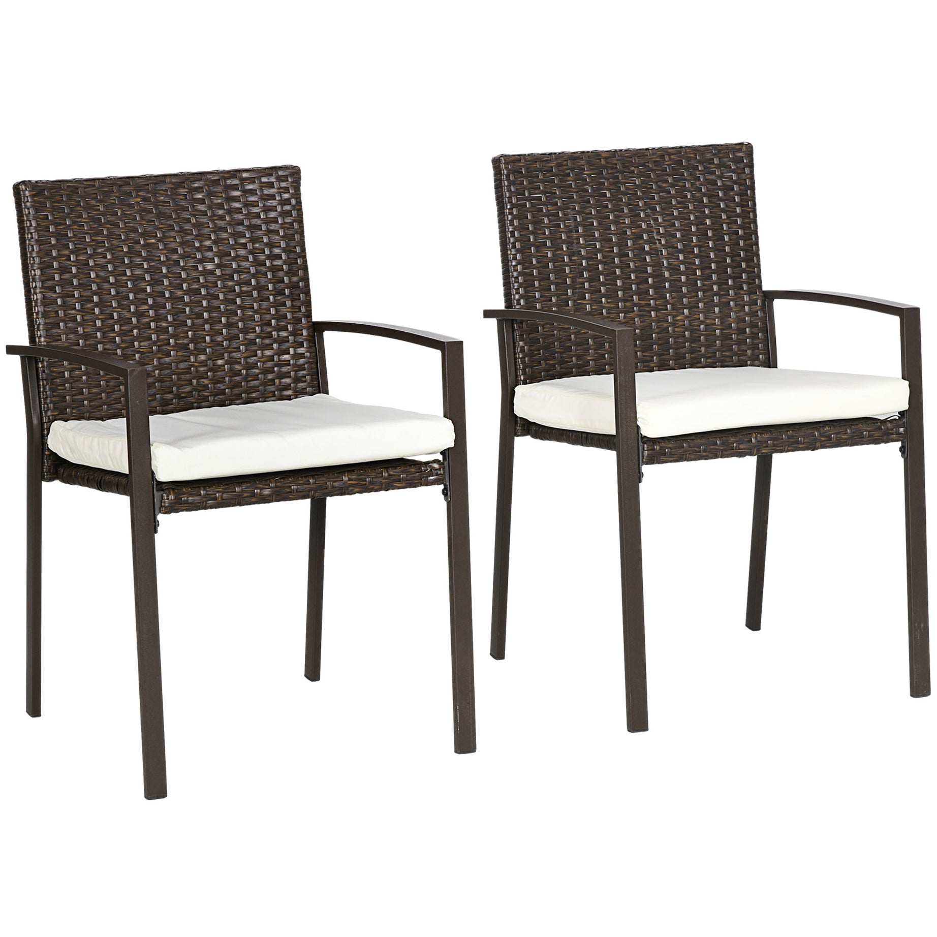 Outsunny 2 Piece PE Rattan Outdoor Dining Chairs with Cushion, Patio Wicker Dining Chair Set with Backrest, Armrests for Patio, Deck, Garden, Cream White--1