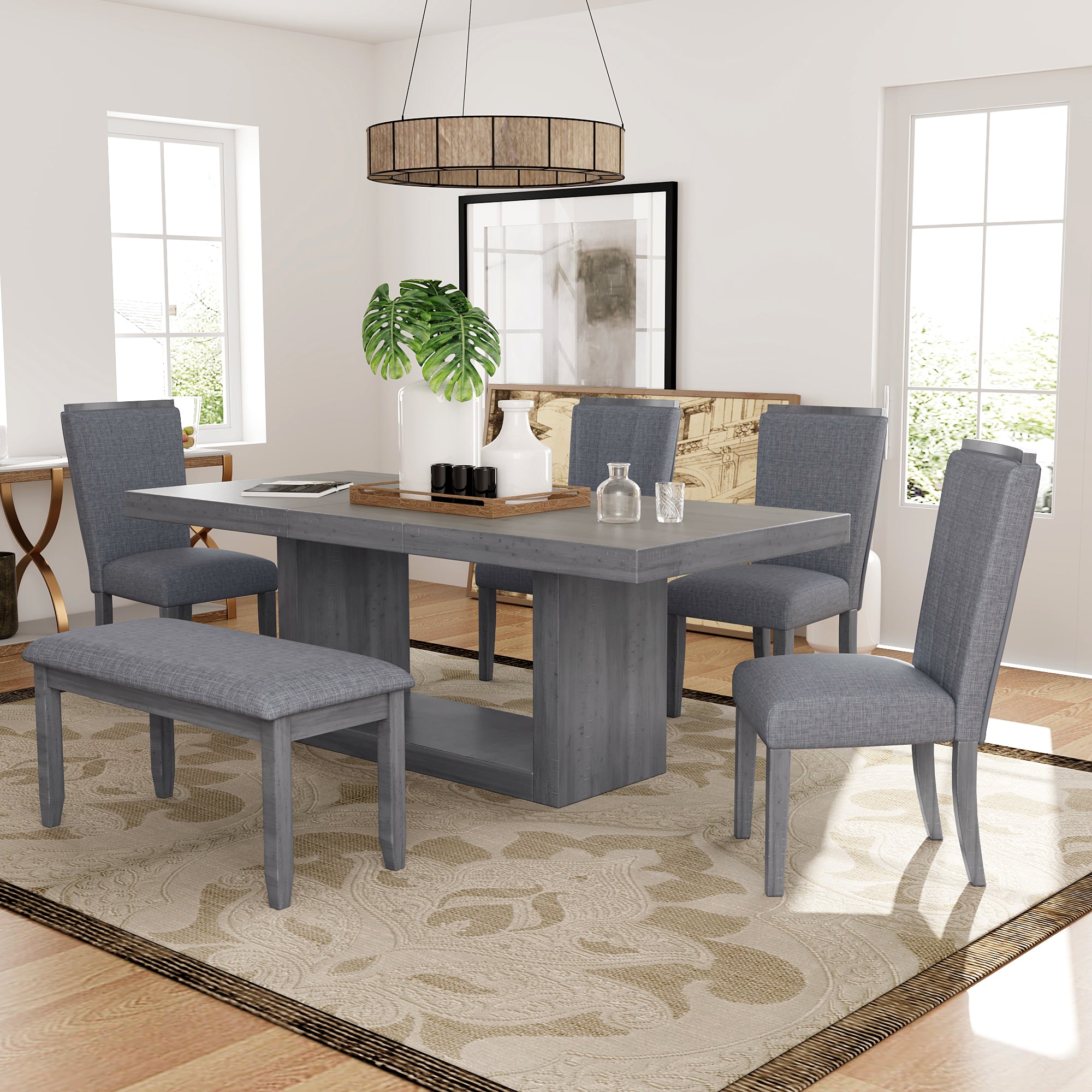 TOPMAX Contemporary 6-Piece 78inch Extendable Pedestal Dining Table Set with 18inch Removable Leaf and Dining Bench, 4 Upholstered Dining Chairs, Gray--1