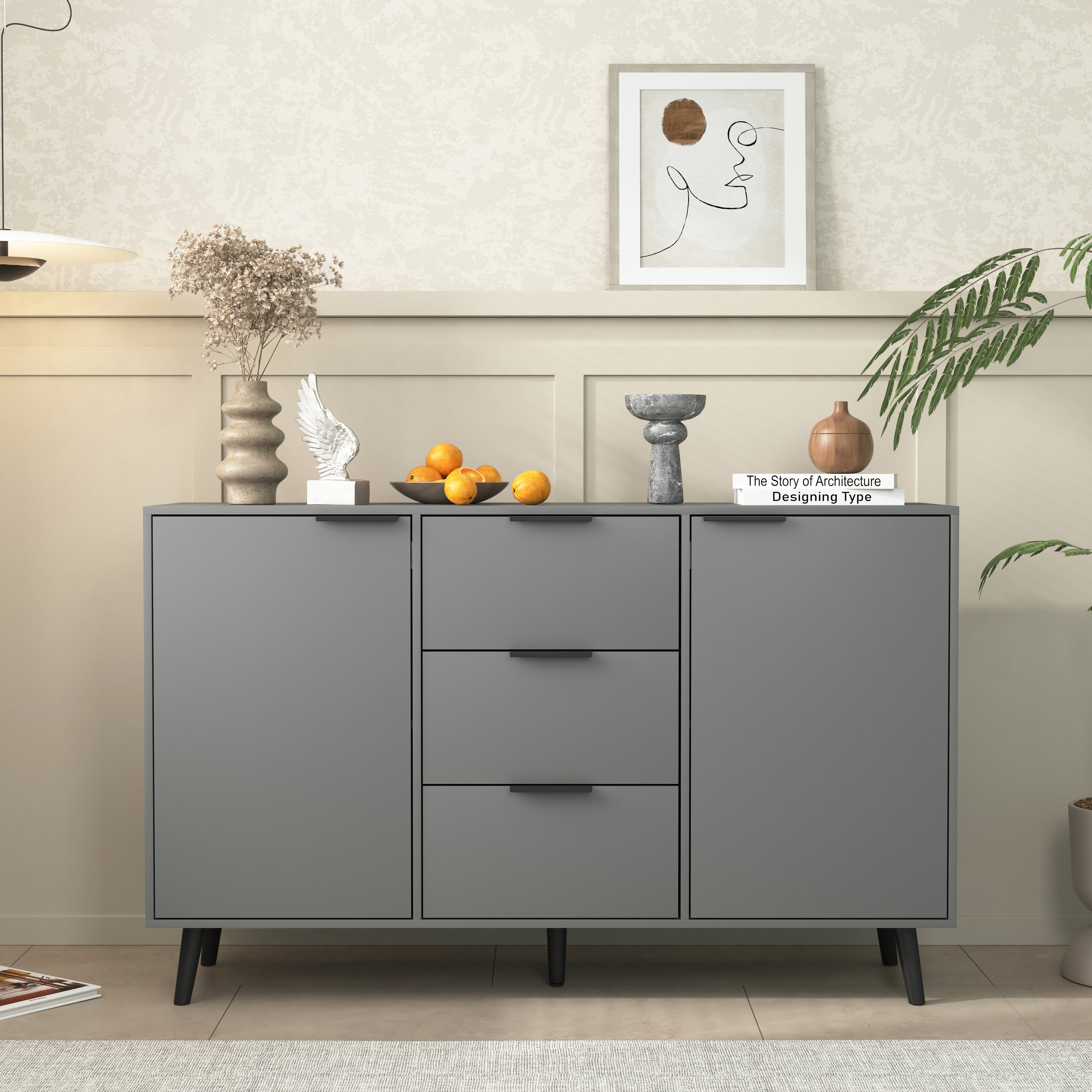 Sideboard Buffet Cabinet with Storage, Wood Coffee Bar Cabinet, 47.2" Kitchen Cabinet with 3 Drawers & 2 Doors, Kitchen Buffet Cabinet Cupboard Gray--1