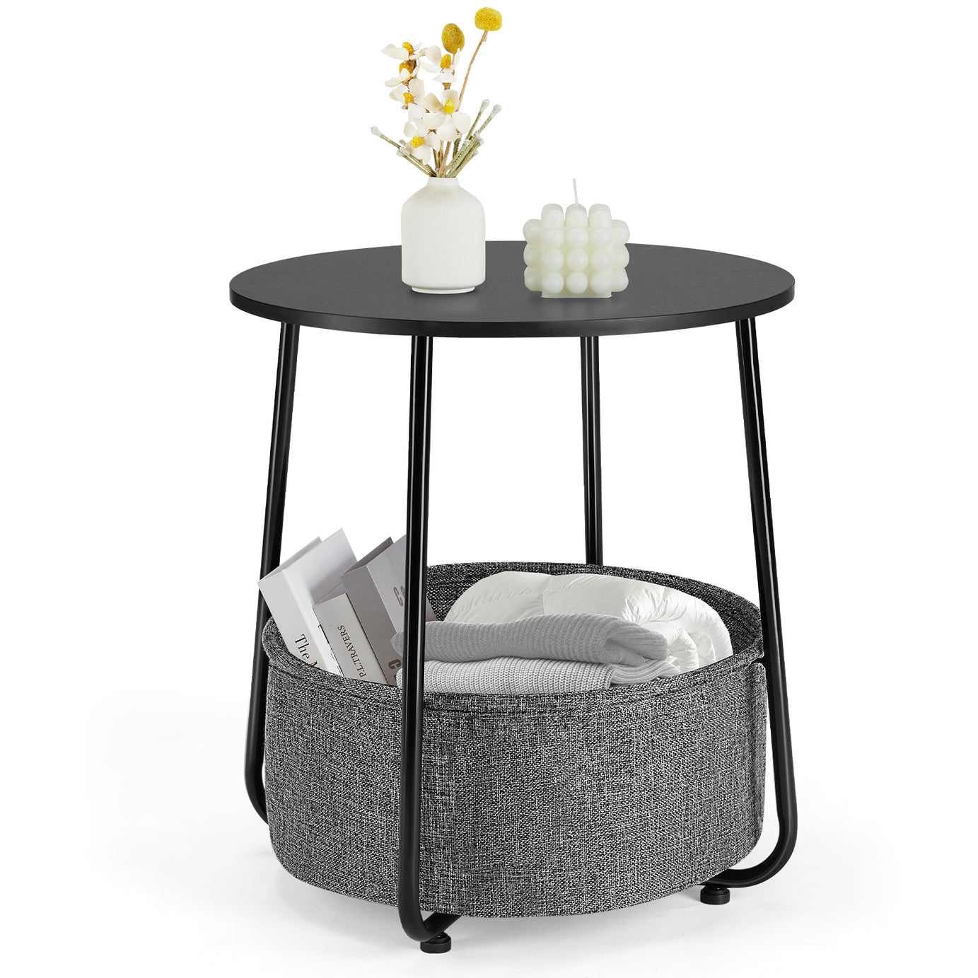 Small Round Side End Table for Living Room, Modern Nightstand Bedside Table with Fabric Basket for Bedroom Nursery, Side Table with Steel Frame - Black & grey--1