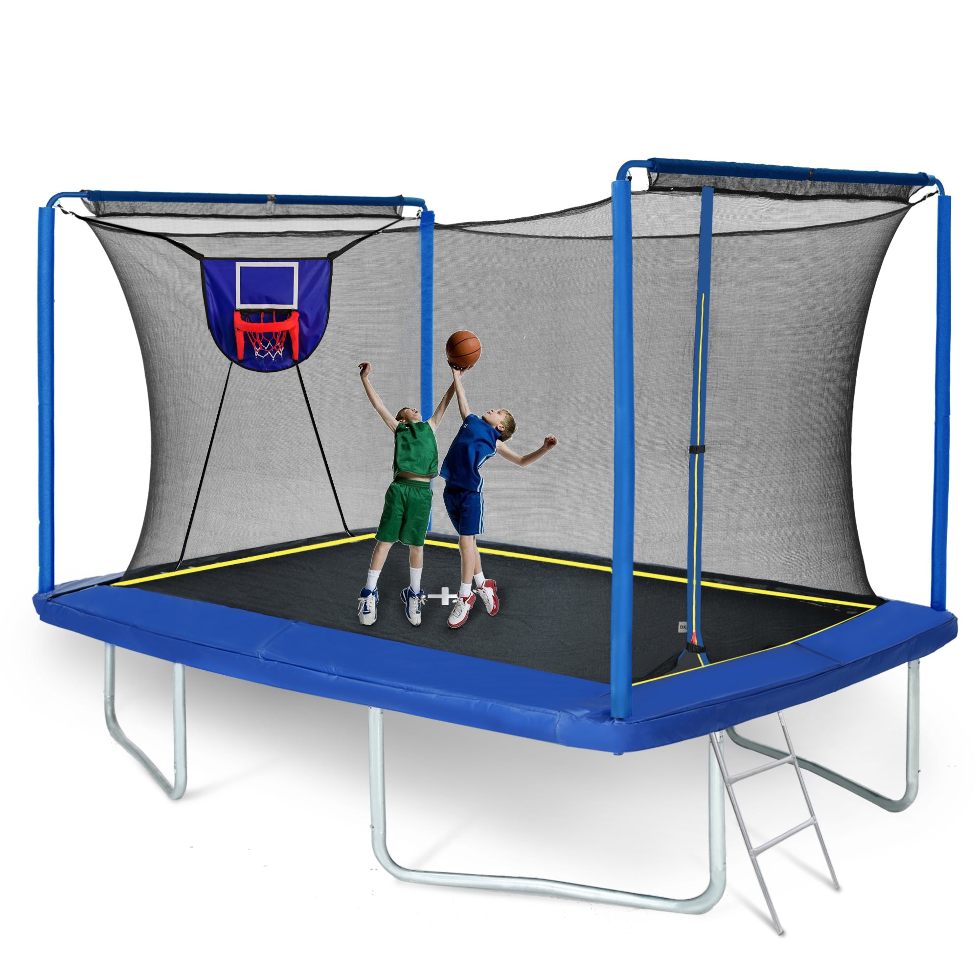 New YC 8ft by 12ft rectangular trampoline with basketball board,ball inflater and ladder-Blue ASTM standard tested and CPC certified--1