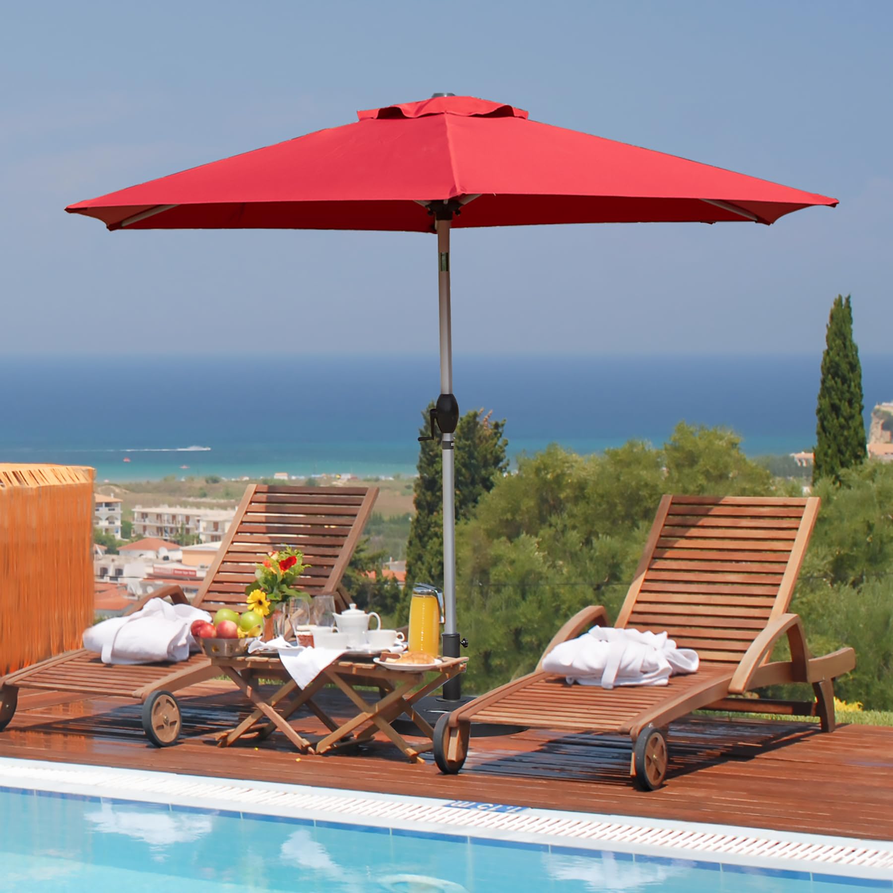 7.5FT Patio Umbrella, Outdoor Table Umbrella with Push Button Tilt and Crank, UV Protection Waterproof Market Sun Umbrella with 8 Sturdy Ribs for Garden, Deck, Backyard, Pool (Brick red)--1