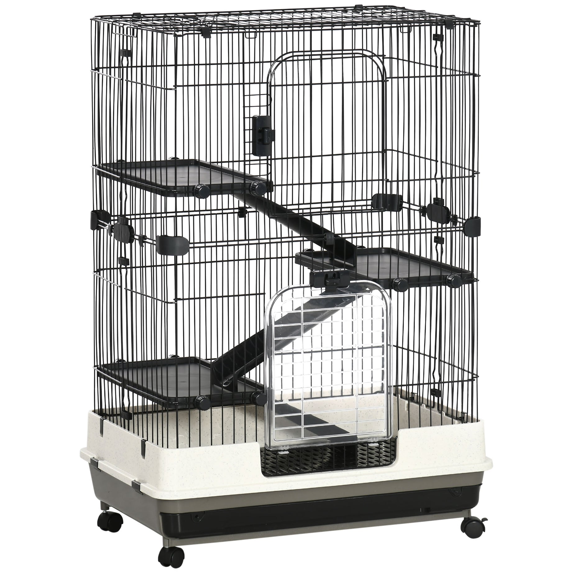 PawHut 4-Level Small Animal Cage Rabbit Hutch with Wheels, Removable Tray, Platform and Ramp for Bunny, Chinchillas, Ferret, Black--1