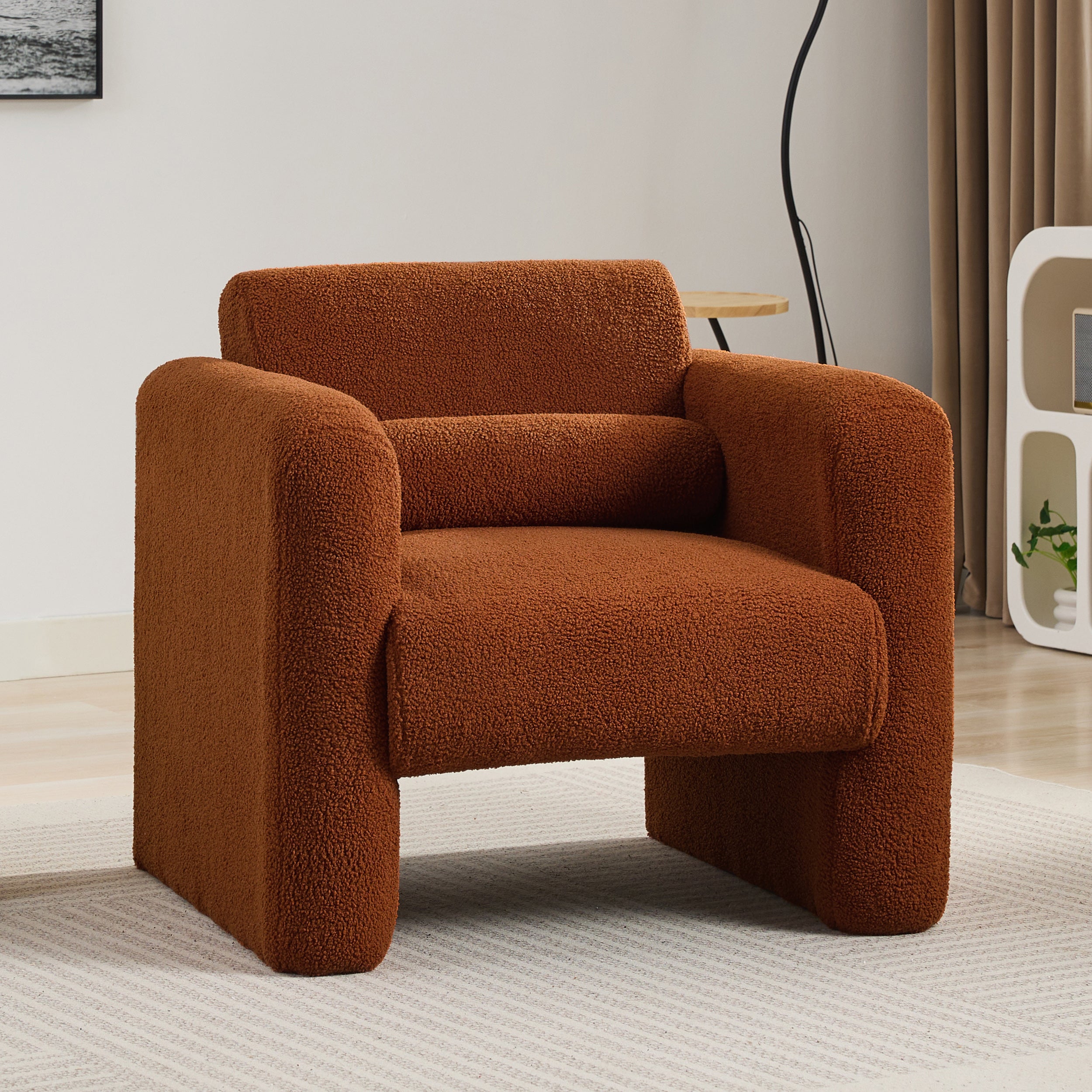 Modern Accent Chair Lambskin Sherpa Fabric Upholstered Comfy Reading Arm Chair Soft Padded Armchair with Back and Pillow for Living Room Bedroom Reception Waiting Room Office,Burnt Orange--1