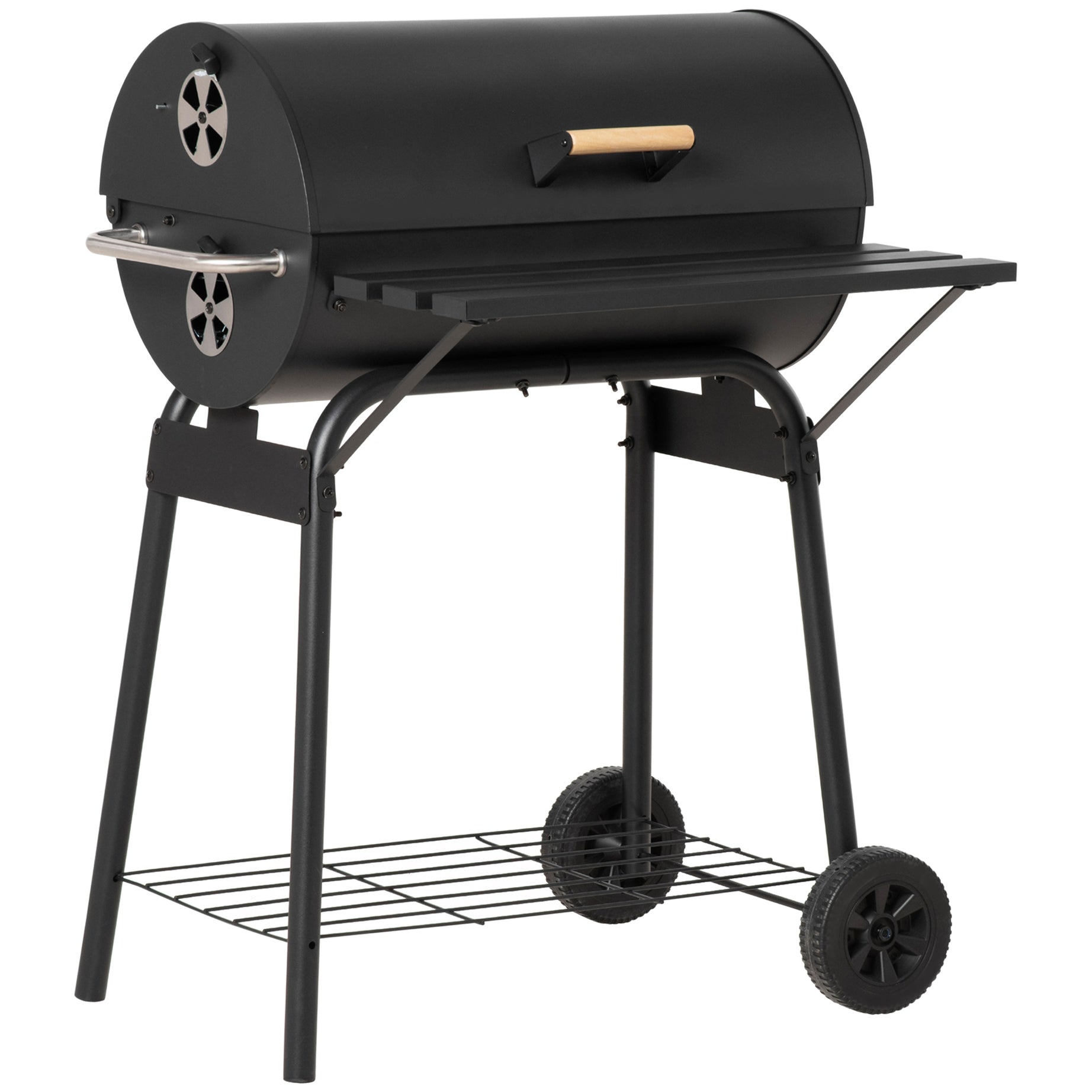 Outsunny 30" Portable Barrel Charcoal BBQ Grill, Steel Outdoor Barbecue Smoker with Storage Shelf, Wheels for Garden Camping Picnic, Black--1