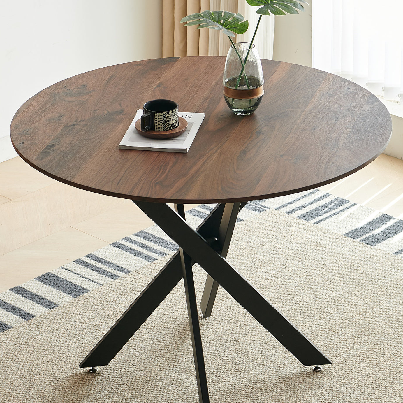 42.1"BLACK AND WOOD COLOR Table Mid-century Dining Table for 4-6 people With Round Mdf Table Top, Pedestal Dining Table, End Table Leisure Coffee Table,cross leg--1