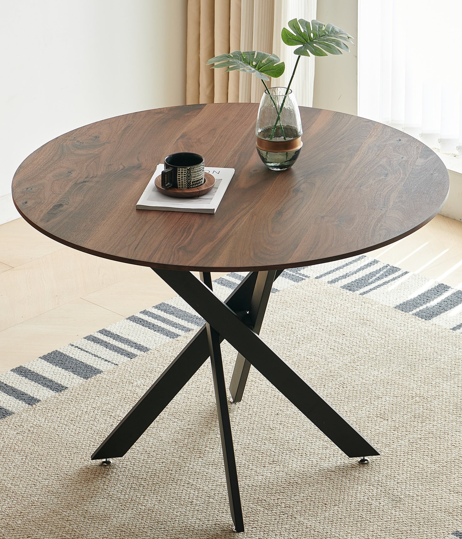 42.1"BLACK AND WOOD COLOR Table Mid-century Dining Table for 4-6 people With Round Mdf Table Top, Pedestal Dining Table, End Table Leisure Coffee Table,cross leg--1