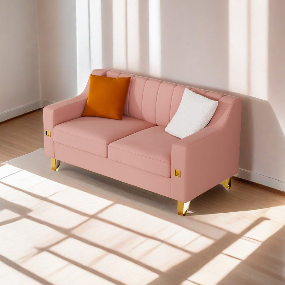 FX-P85-2S-PK (2 SEATS SOFA)Luxury pink Velvet Loveseat Sofa with Gold Accents - Modern 3-Seat Couch with Plush Cushions, Perfect for Living Room and Office Decor--1