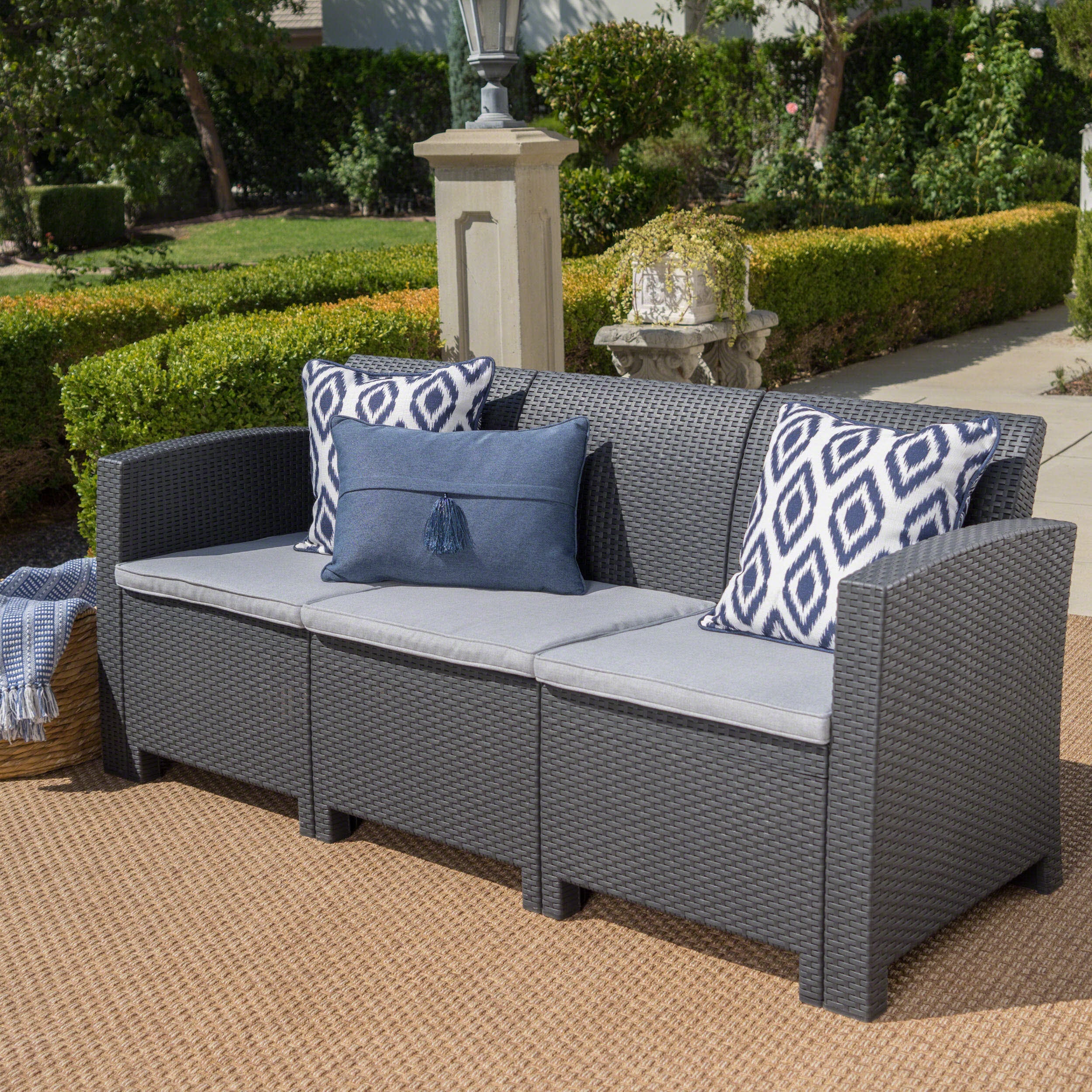 67.7" Outdoor 3-Seater Faux Wicker Rattan Style Sofa with Water Resistant Cushions, Charcoal / Light Grey--1