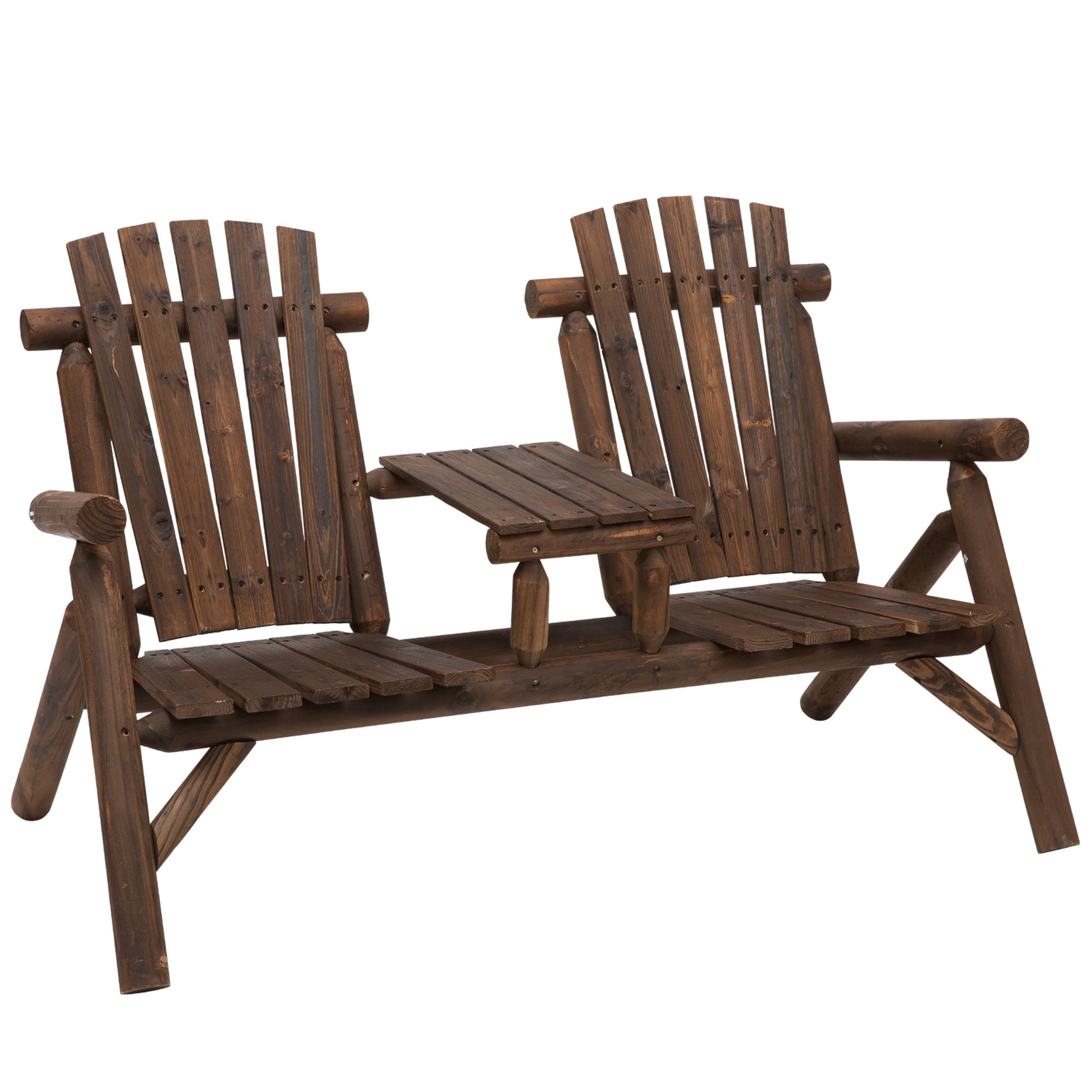 Outsunny 2-Seat Wooden Adirondack Chair, Patio Bench with Table, Outdoor Loveseat Fire Pit Chair for Porch, Backyard, Deck, Carbonized--1