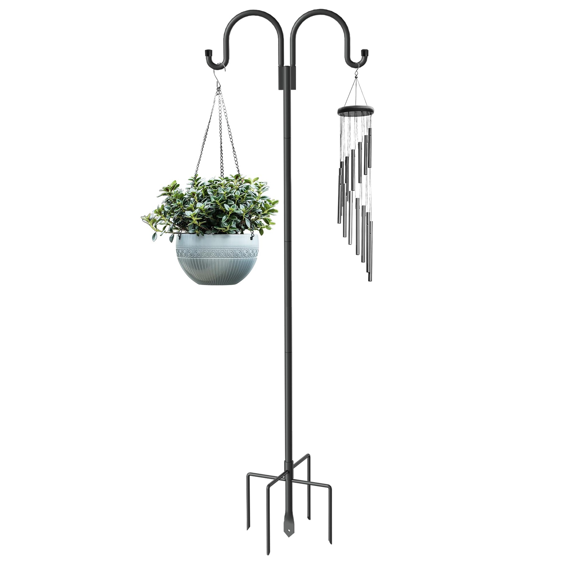 Double Shepherd Hooks for Outdoor, 79 Inch Heavy Duty Bird Feeder Pole for Hanging Bird Feeder, Garden Hooks Plant Baskets, Garden Plant Hanger Stands with 5 Prong Base--1