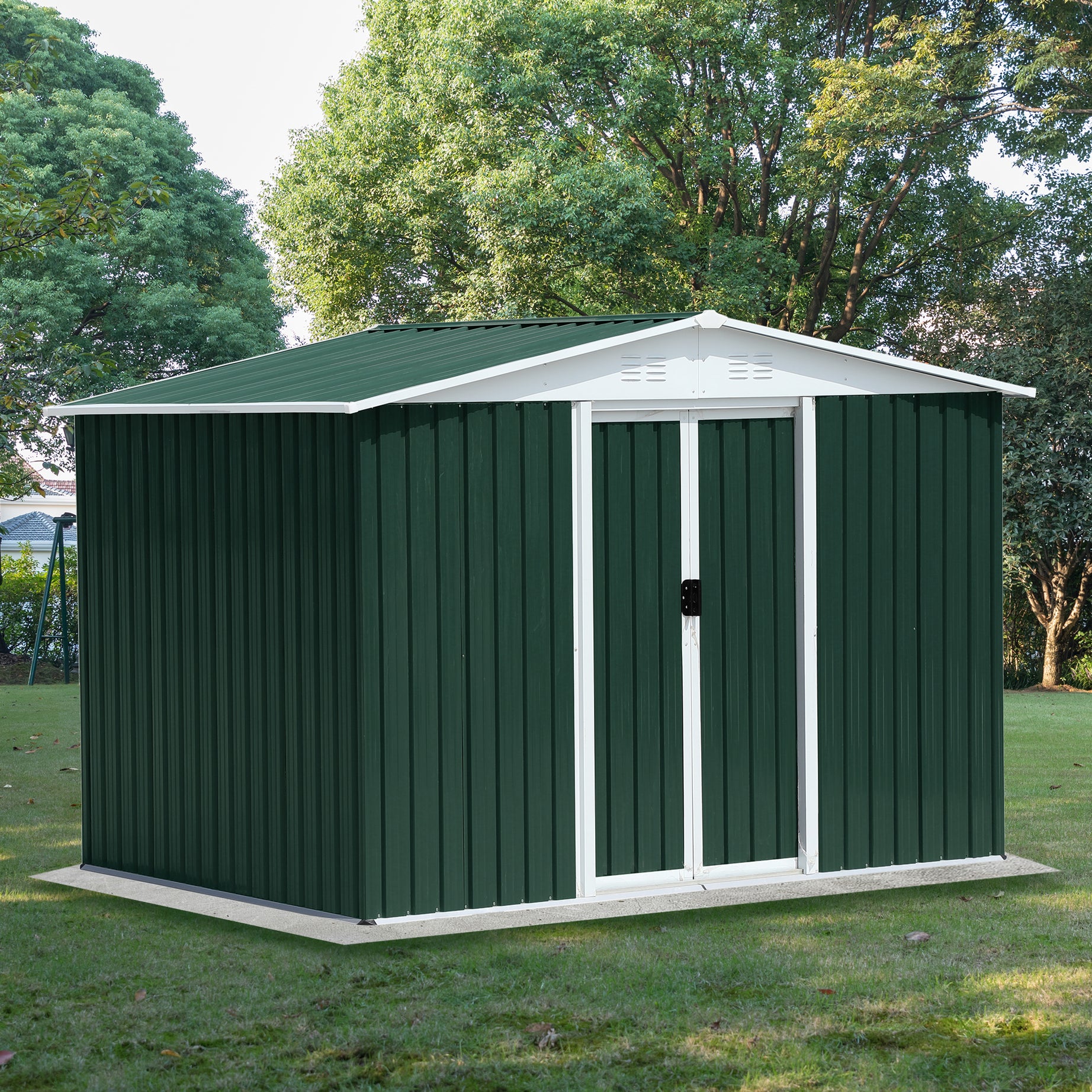 8x6 Feet Outdoor Storage Garden Shed Apex Roof Green With Aluminum alloy frame and sliding door--1