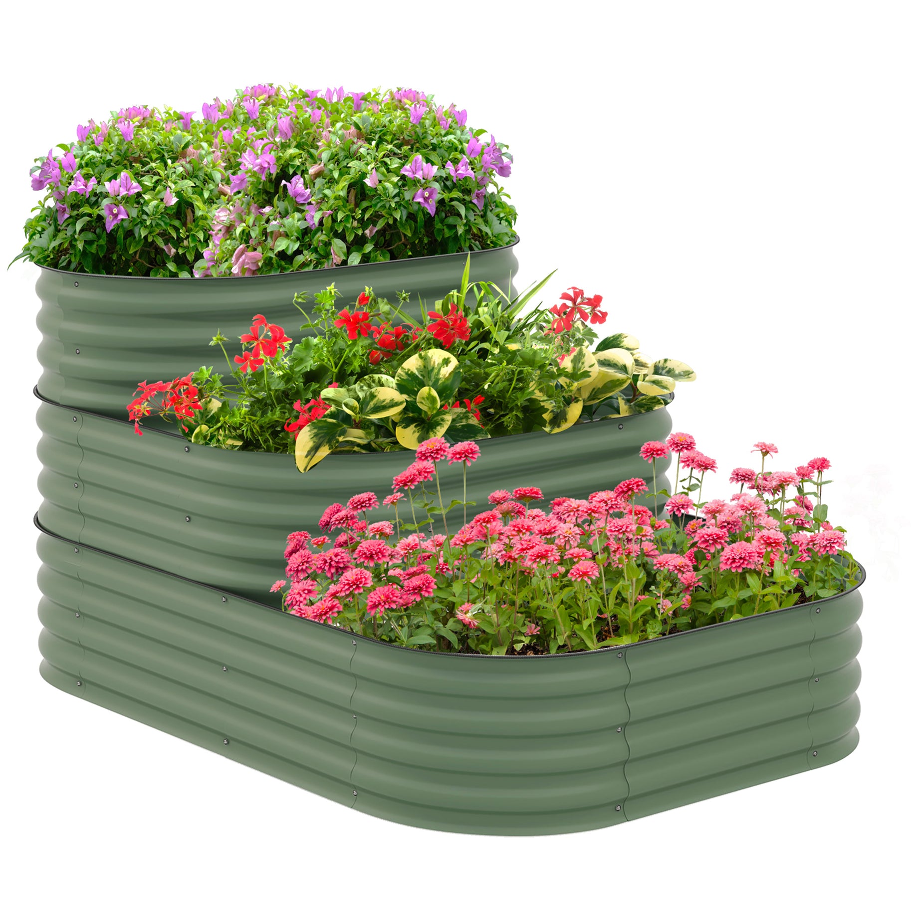 Outsunny 3-Tier Galvanized Steel Raised Garden Bed Kit, 62.25" x 43" x 32.25", 3 Combining Planter Boxes with Rubber Strip Edging, Open Bottom for Backyard, Garden, Patio, Green--1