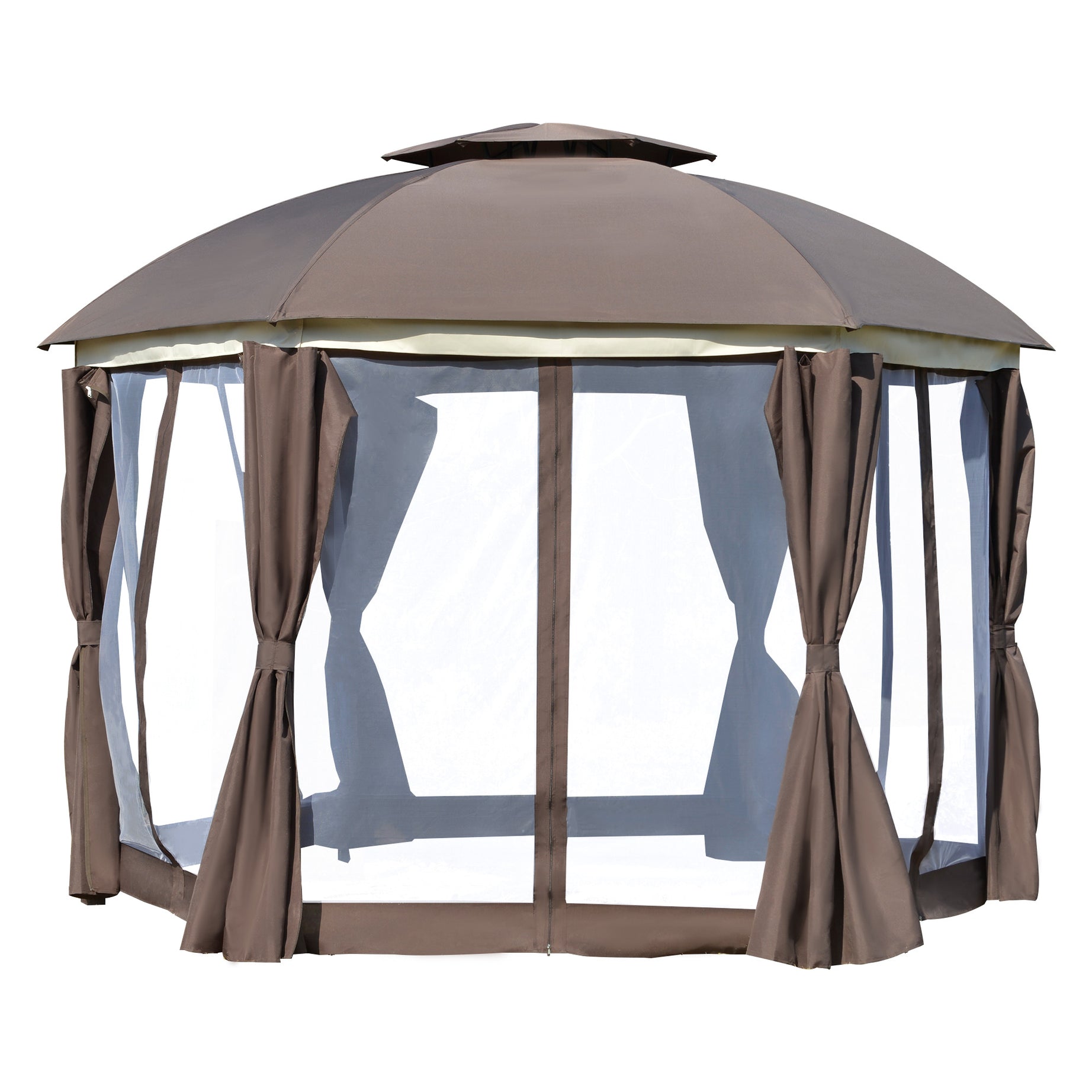 Outsunny 12' x 12' Round Outdoor Gazebo, Patio Dome Gazebo Canopy Shelter with Double Roof, Netting Sidewalls and Curtains, Zippered Doors, Strong Steel Frame, Brown--1