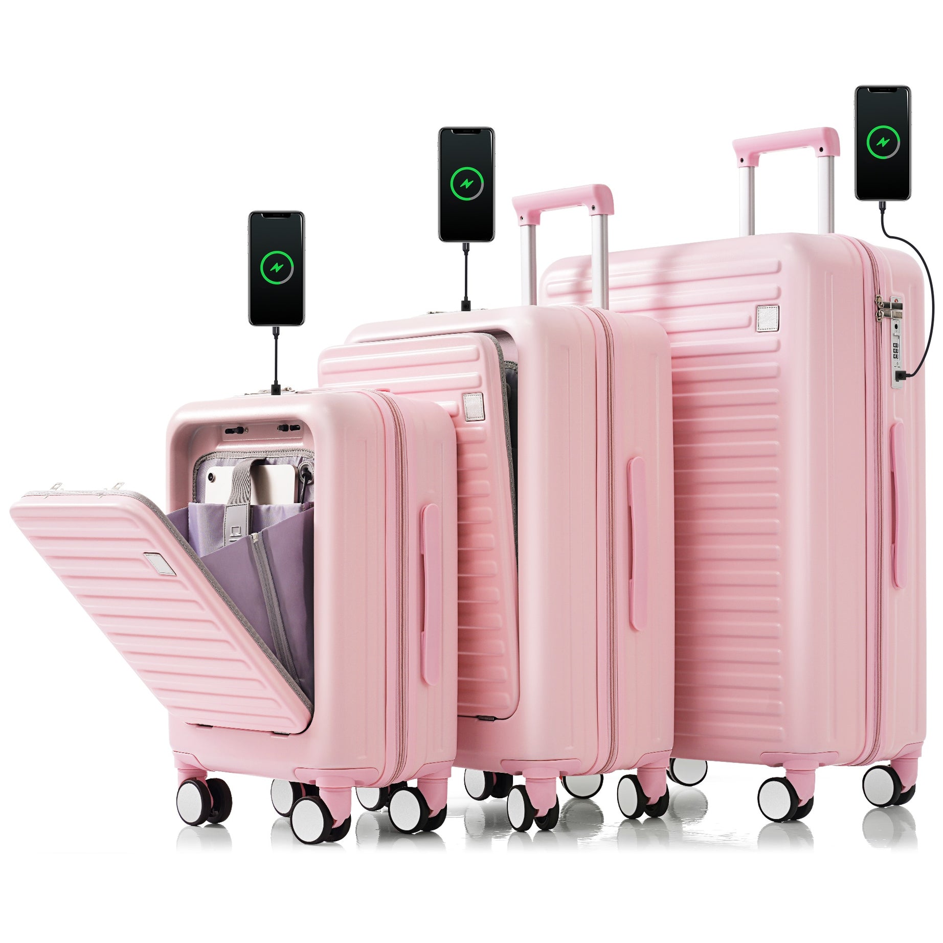 Luggage Set of 3, 20, 24, 28inch with USB Port, 20, 24inch with front opening design Airline Certified Carry on Luggage with Cup Holder, ABS Hard Shell Luggage with Spinner Wheels, pink--1