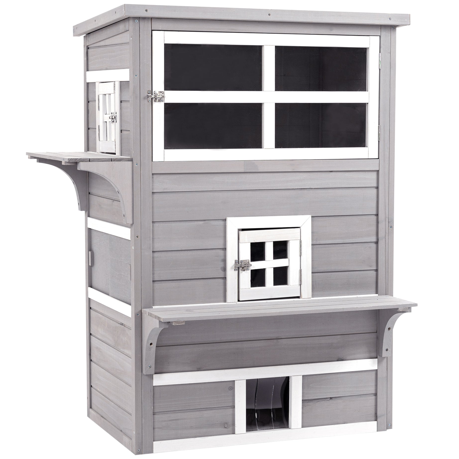 PawHut 3-Story Cat House Feral Cat Shelter, Outdoor Kitten Condo with Raised Floor, Asphalt Roof, Escape Doors, Jumping Platforms, Grey--1