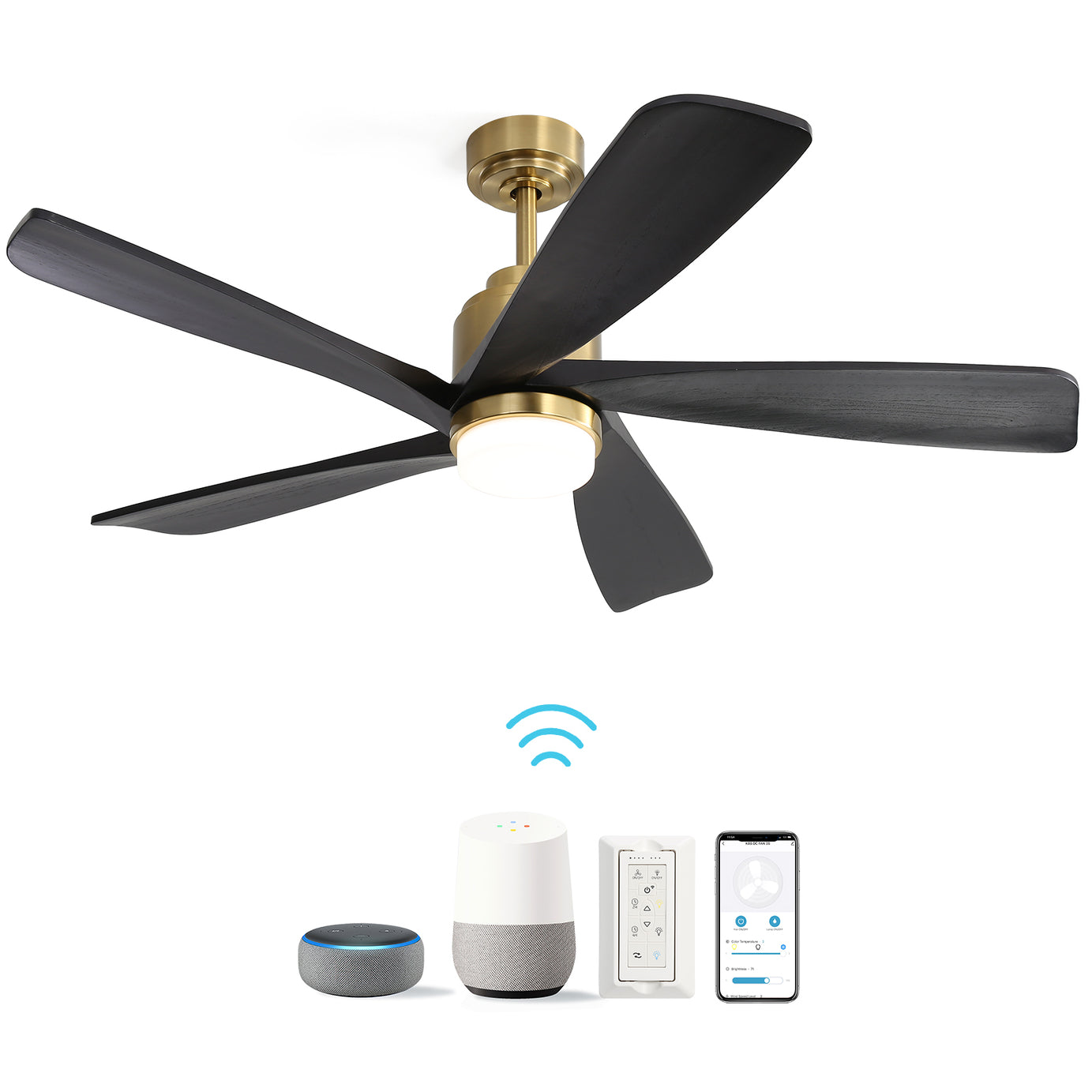 52 Inch Modern Ceiling Fan With Dimmable LED Light 5 Solid Wood Blades Smart Remote Control Reversible DC Motor Ceiling Fan--1