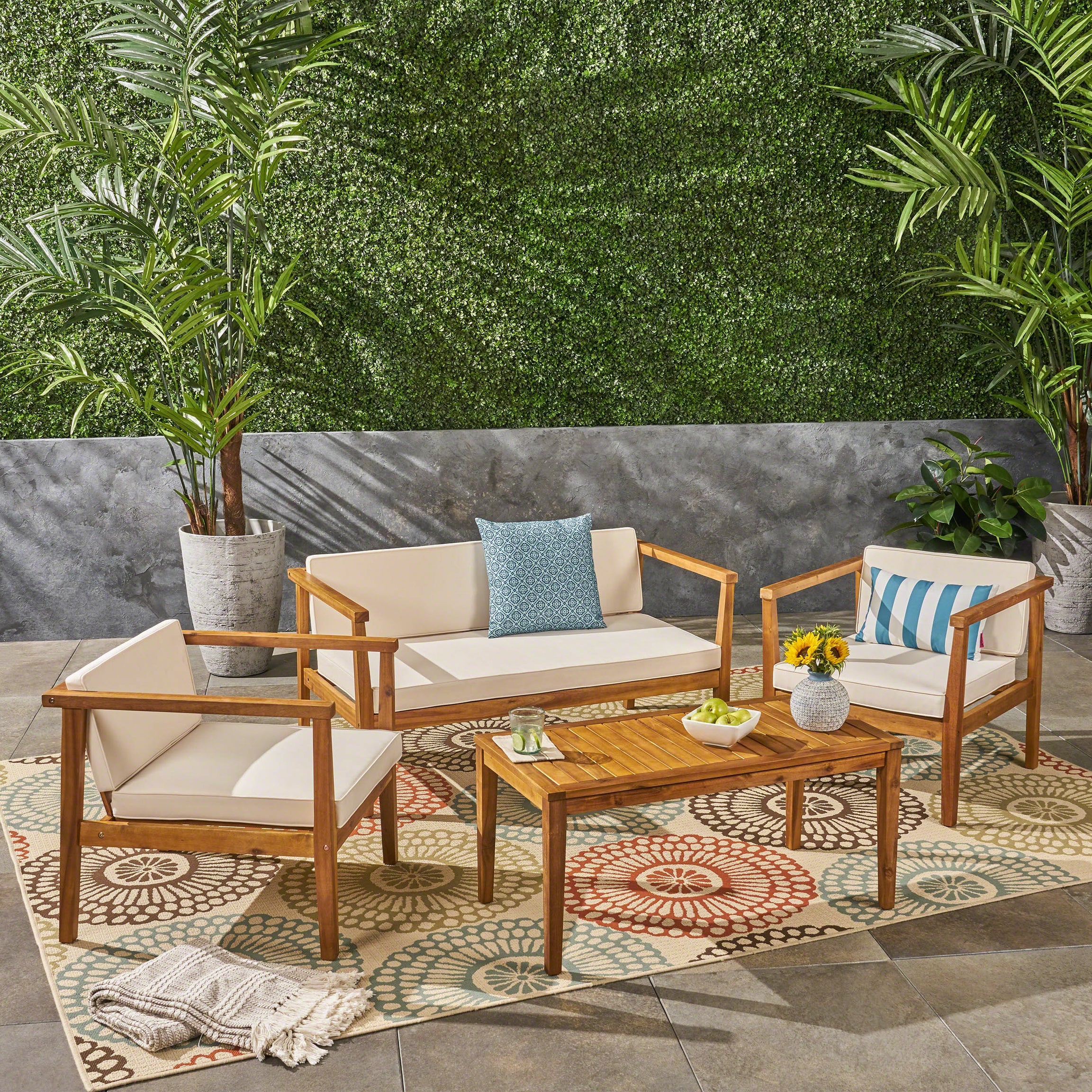 Outdoor 4-Seater Acacia Wood Chat Set with Coffee Table with Cushions, Teak and Beige--1