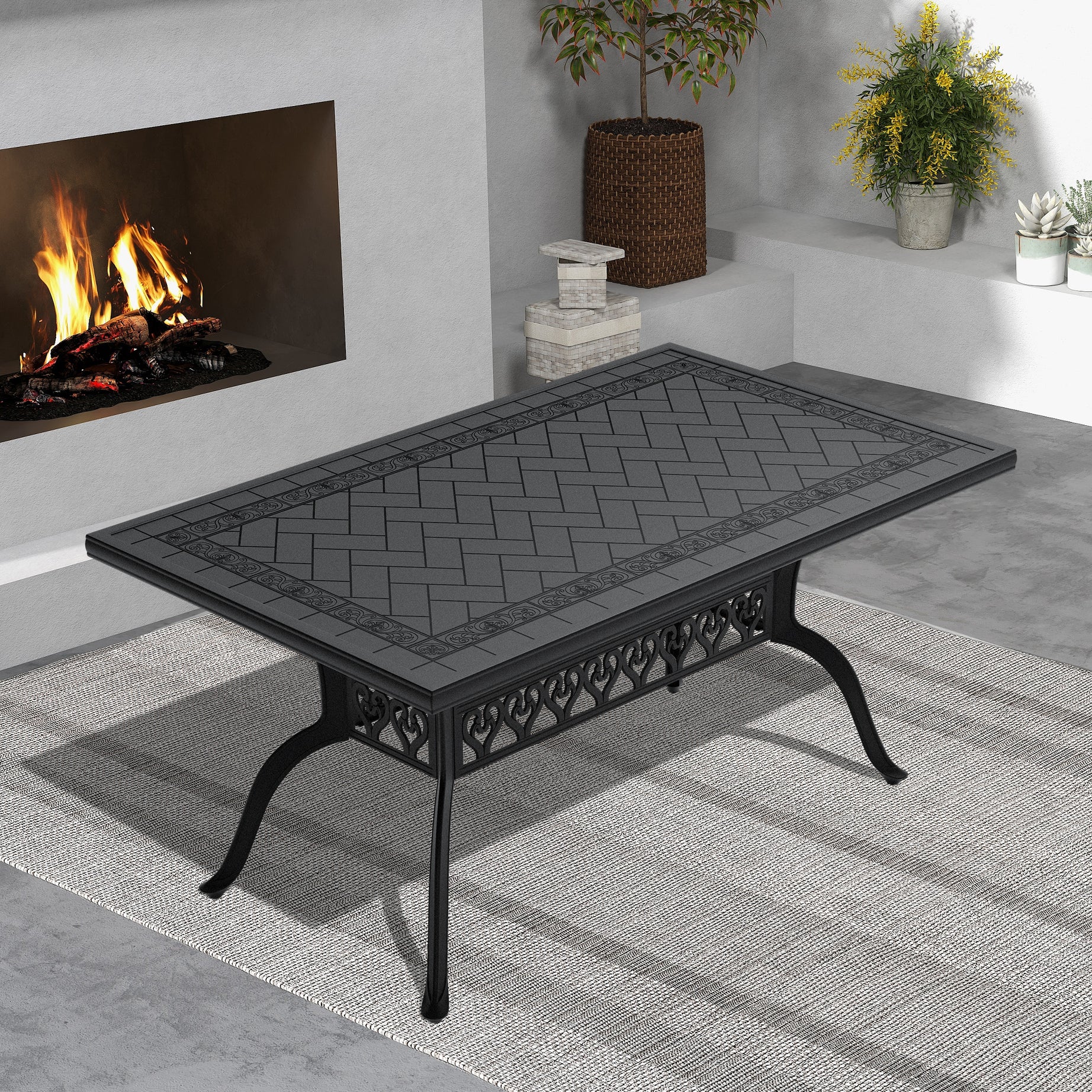 L59.05*W35.43-inch Cast Aluminum Patio Dining Table With Black Frame and Carved Texture on the Tabletop--1