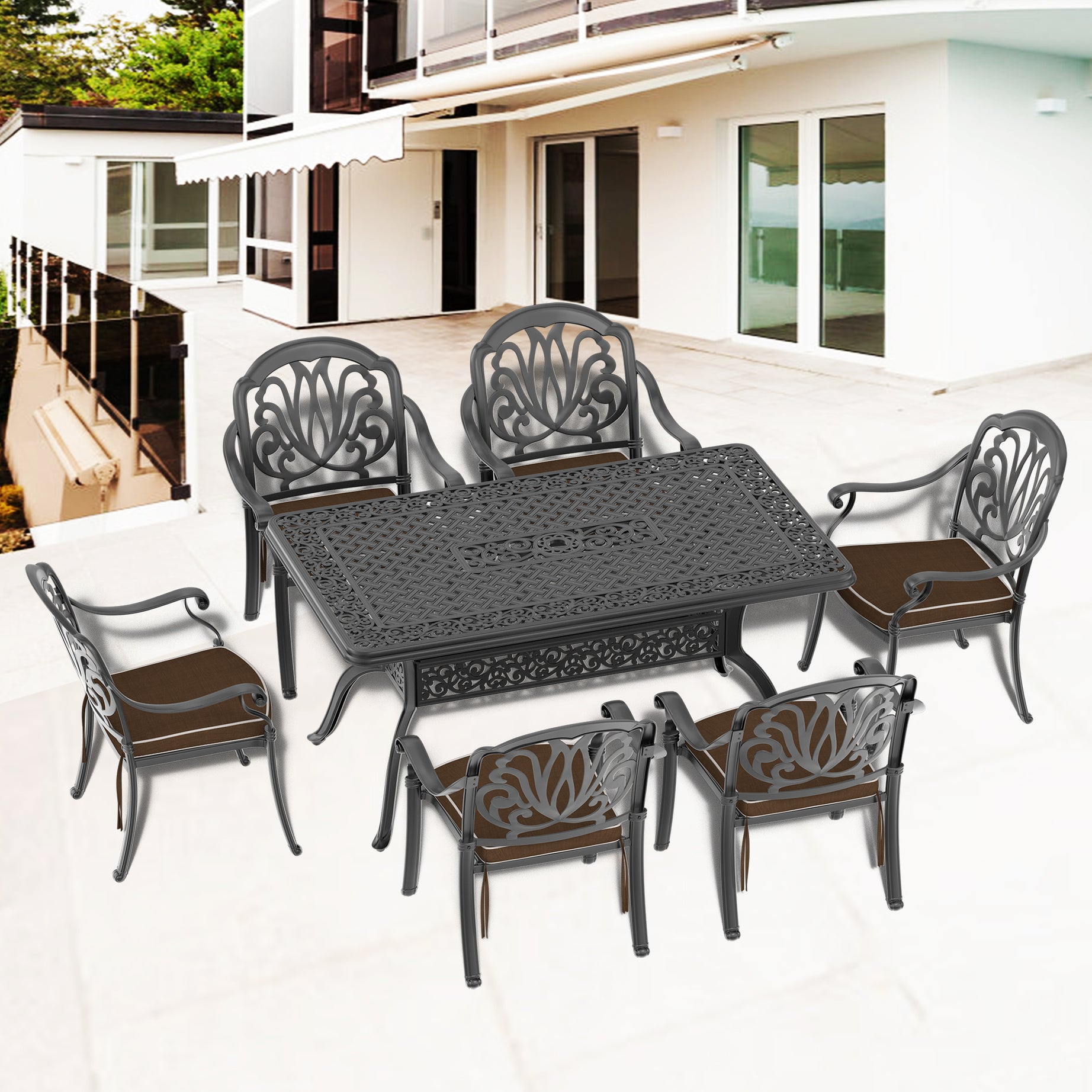 (Cushions In  Random Colors)7-Piece Set Of Cast Aluminum Patio Furniture With  Cushions--1