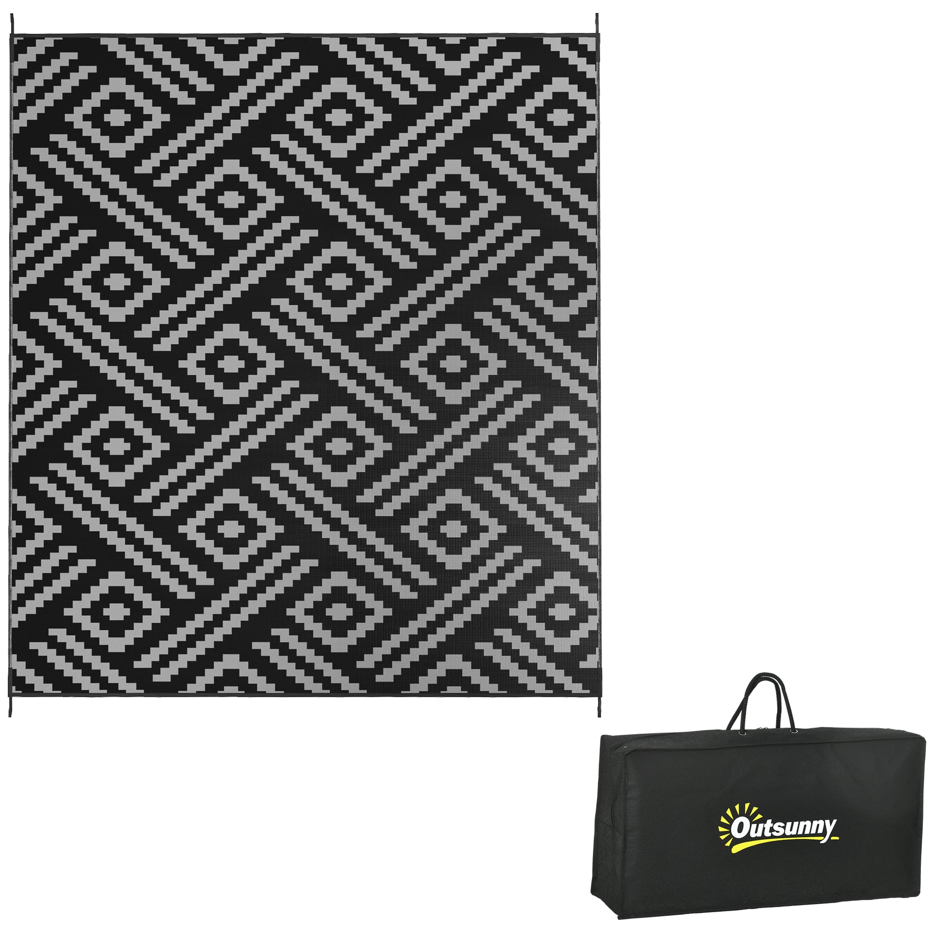 Outsunny Reversible Outdoor Rug, 8' x 10' Waterproof Plastic Straw Floor Mat, Portable RV Camping Carpet with Carry Bag, Large Floor Mat for Backyard, Deck, Picnic, Beach, Black & Gray Geometric--1