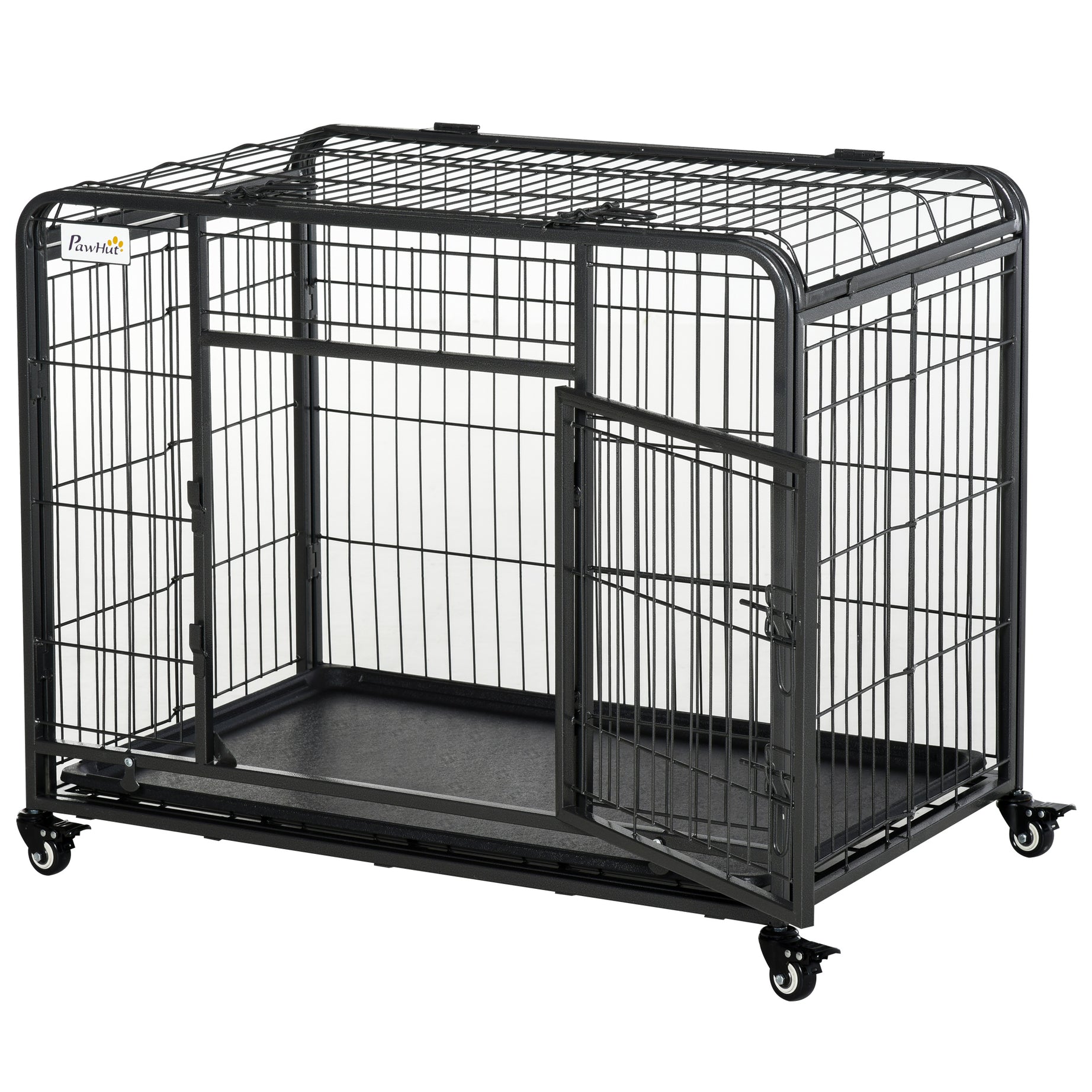 PawHut Folding Design Heavy Duty Metal Dog Cage Crate & Kennel with Removable Tray and Cover, & 4 Locking Wheels, Indoor/Outdoor 37"--1