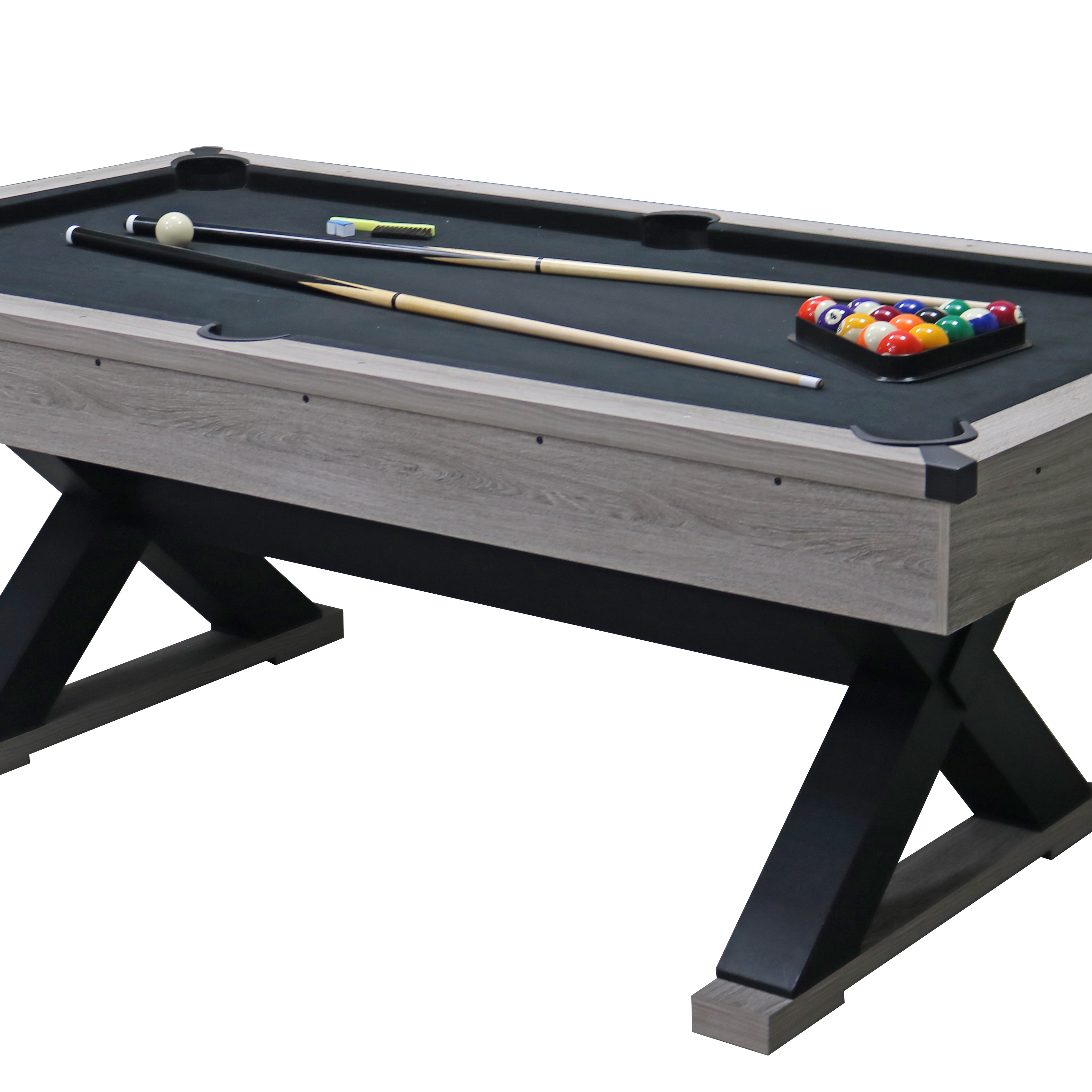 84" Pool Table with Billiard Balls, Cues, Pool Cue Chalk, Cleaning Brush, X-Legs, Black Cloth, Rustic Grey,84.1"L x 46.5"W x 32"H--1