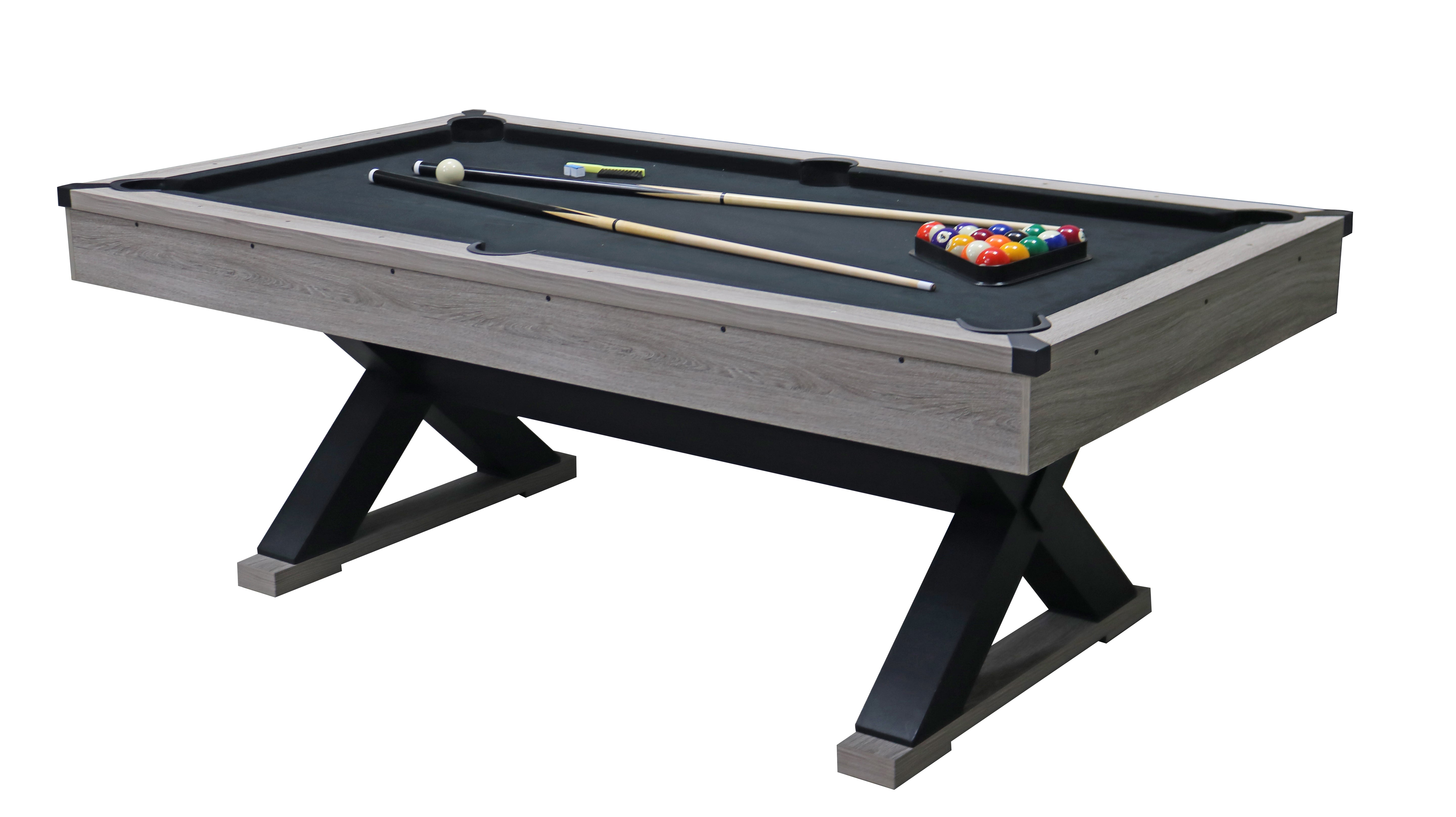 84" Pool Table with Billiard Balls, Cues, Pool Cue Chalk, Cleaning Brush, X-Legs, Black Cloth, Rustic Grey,84.1"L x 46.5"W x 32"H--1