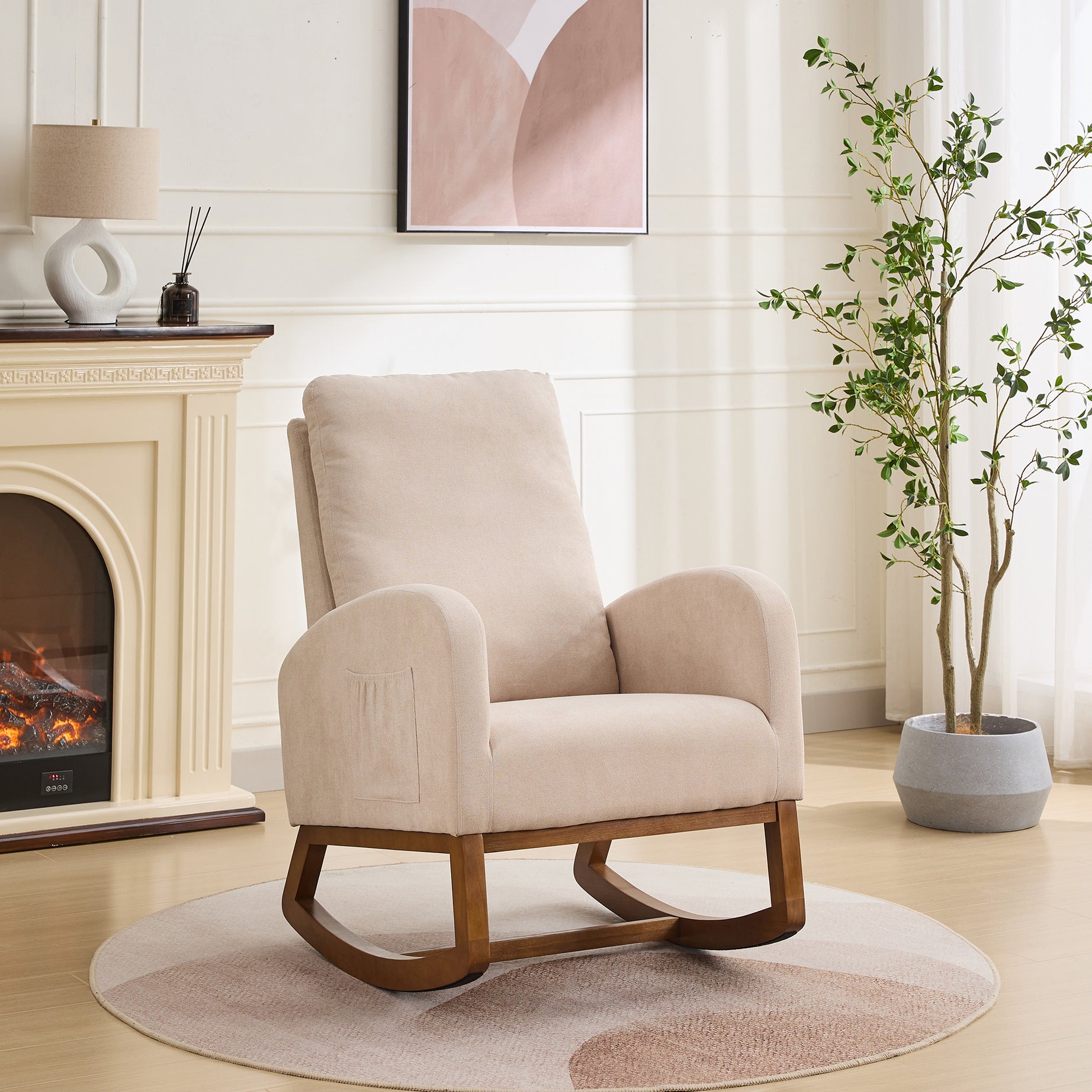 27.2"W  Rocking Chair for Nursery, Polyester Glider Chair with High Back and Side Pocket, Rocking Accent Armchair with Rubber Wood Legs for Living Room/Bedroom.Beige--1