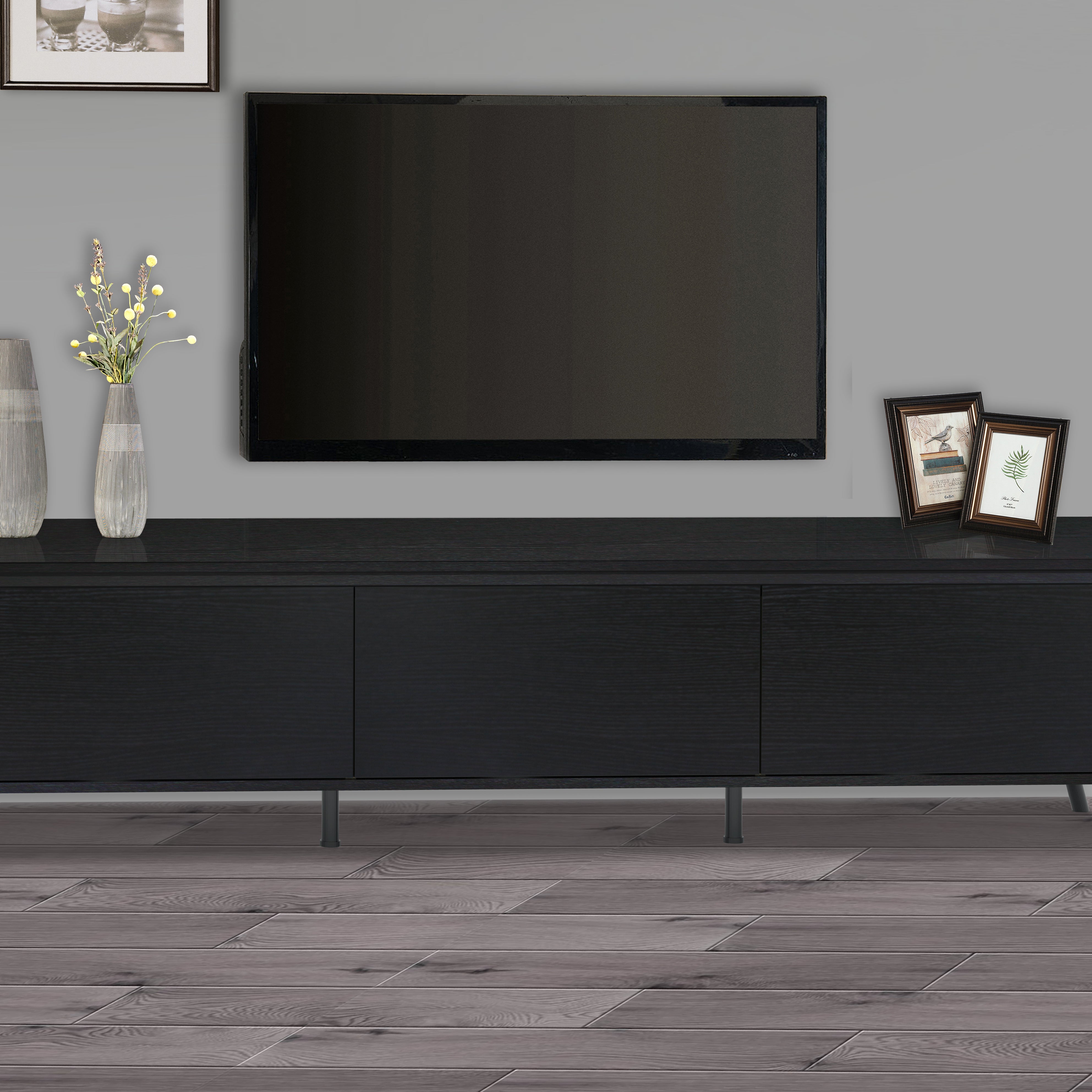 71" TV STAND with 3  Door  Black Oak Modern Media Console - Sleek TV Stand with Adjustable Support Legs and Cable Management--1