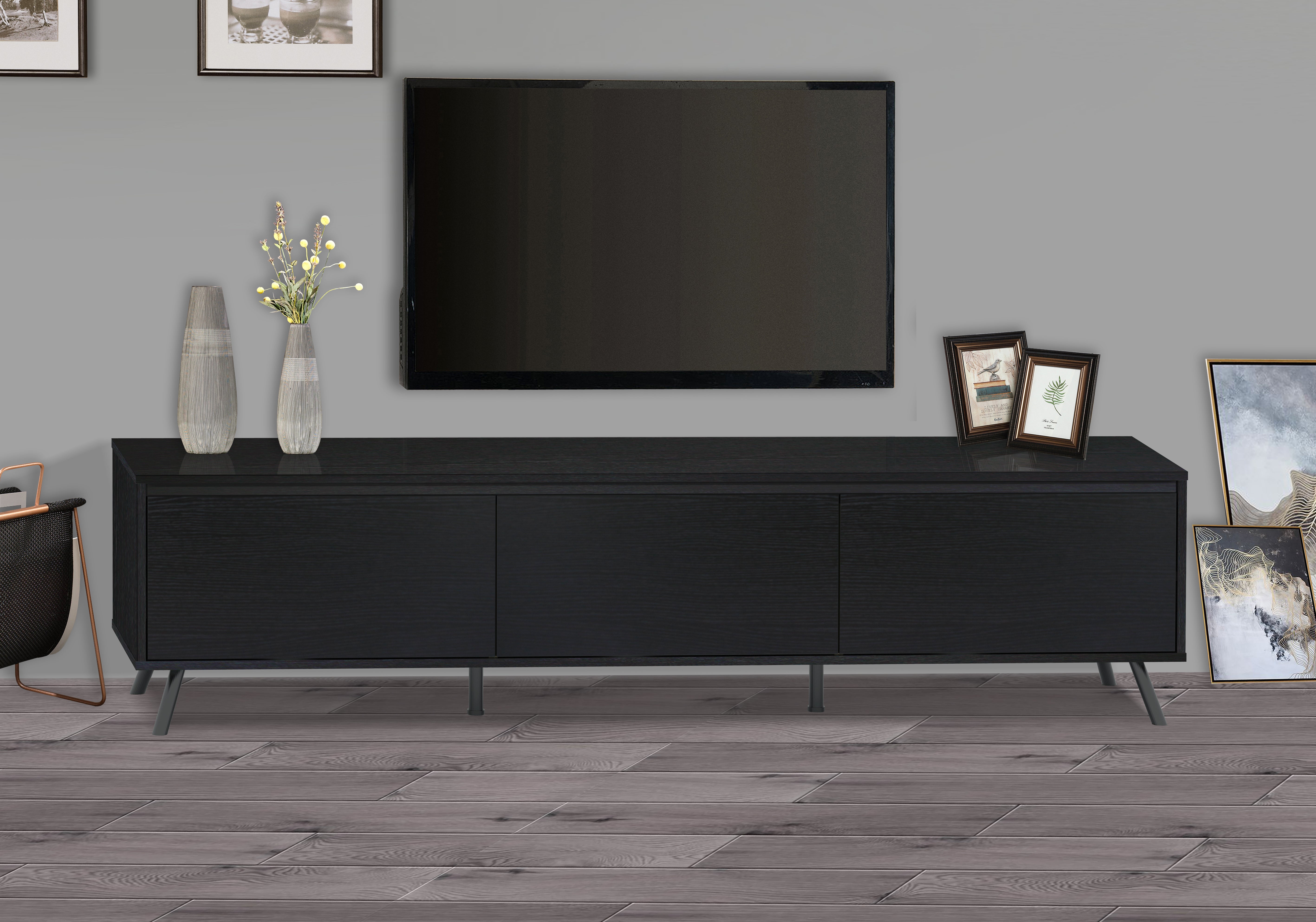 71" TV STAND with 3  Door  Black Oak Modern Media Console - Sleek TV Stand with Adjustable Support Legs and Cable Management--1