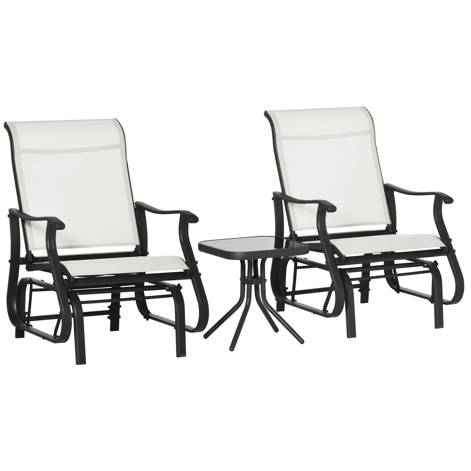 Outsunny 3-Piece Outdoor Gliders Set Bistro Set with Steel Frame, Tempered Glass Top Table for Patio, Garden, Backyard, Lawn, Cream White--1