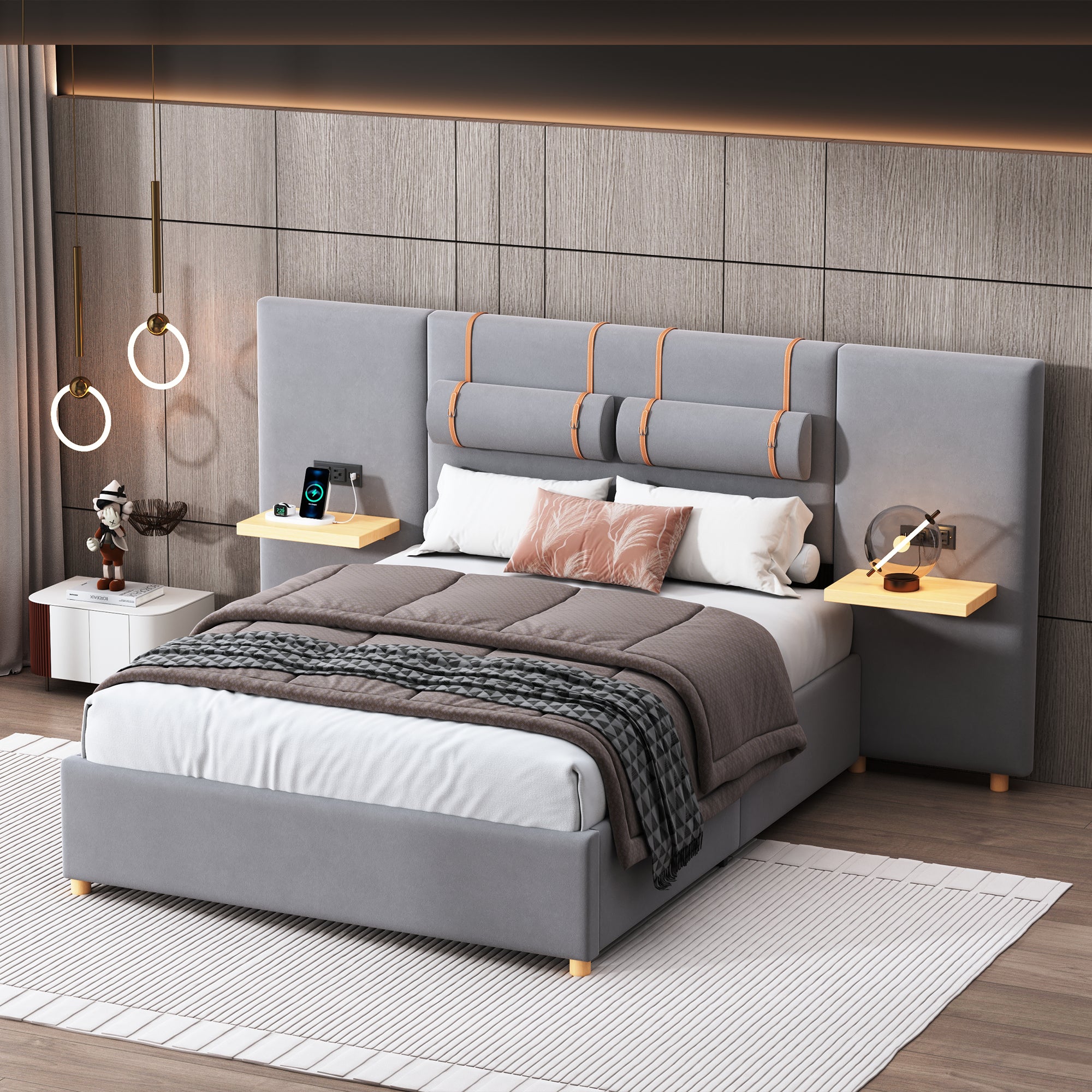 Full size upholstered platform bed with two outlets and USB charging ports on both sides, two bedside pillows, storage shelf, Velvet,Gray--1