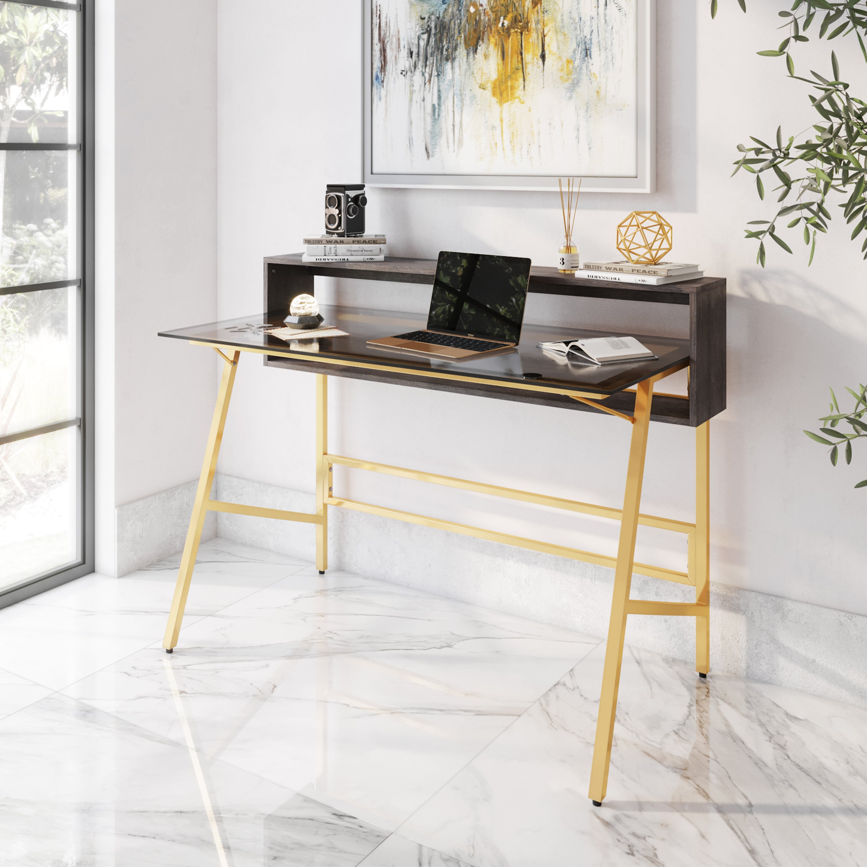 Techni Mobili Home Office Writing Desk with riser, Gold--1